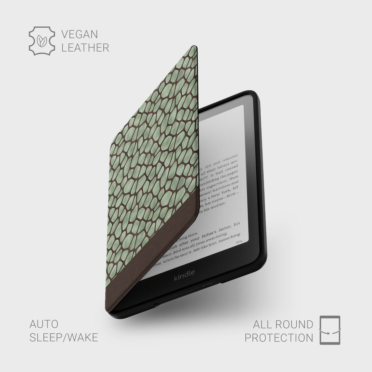 Mossy Mosaic Kindle Case with sage green giraffe spots outlined in chocolate brown from the Wild Atelier collection.