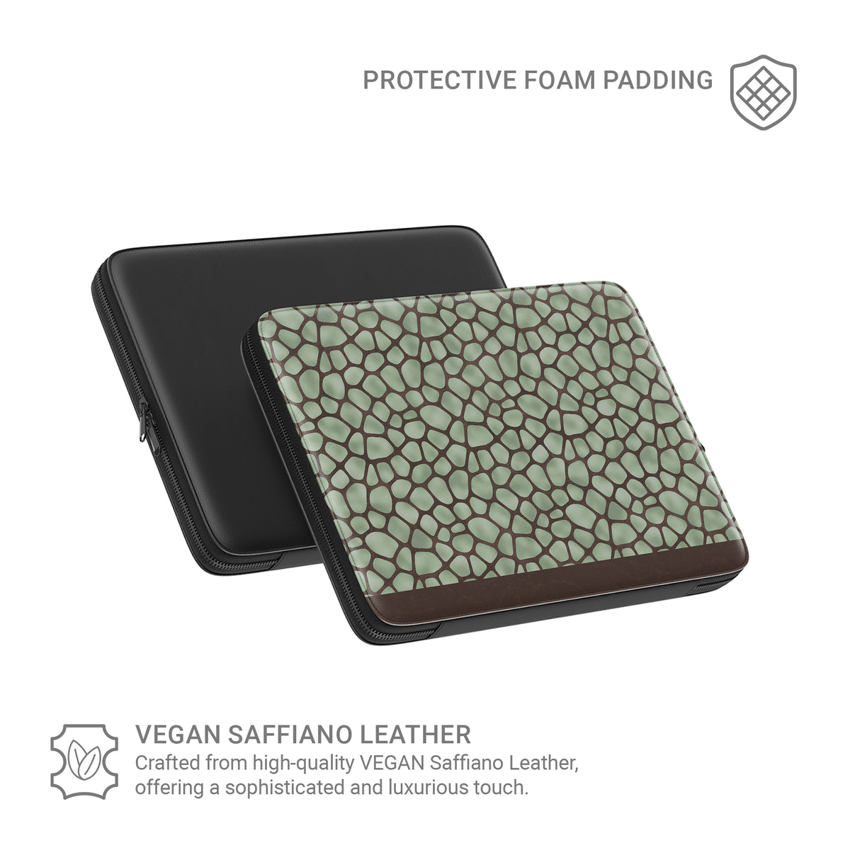 Mossy Mosaic Laptop Sleeve with sage green giraffe spots outlined in chocolate brown from the Wild Atelier collection.