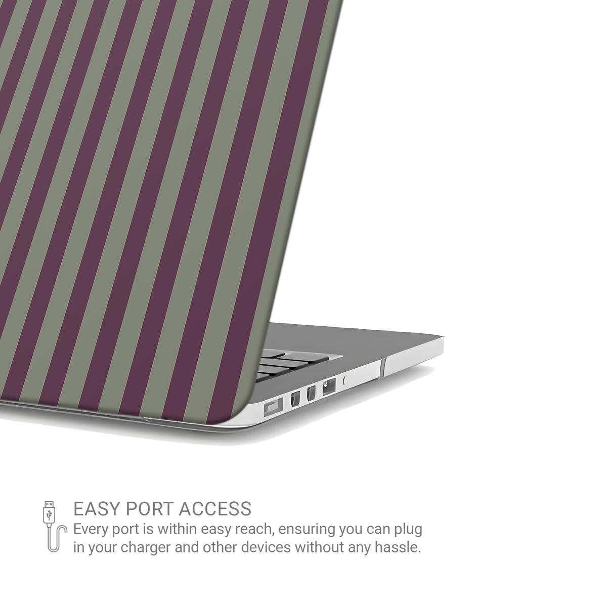 Mulberry Ticking MacBook shell with muted plum and sage green stripes in a vintage-inspired heritage pattern.