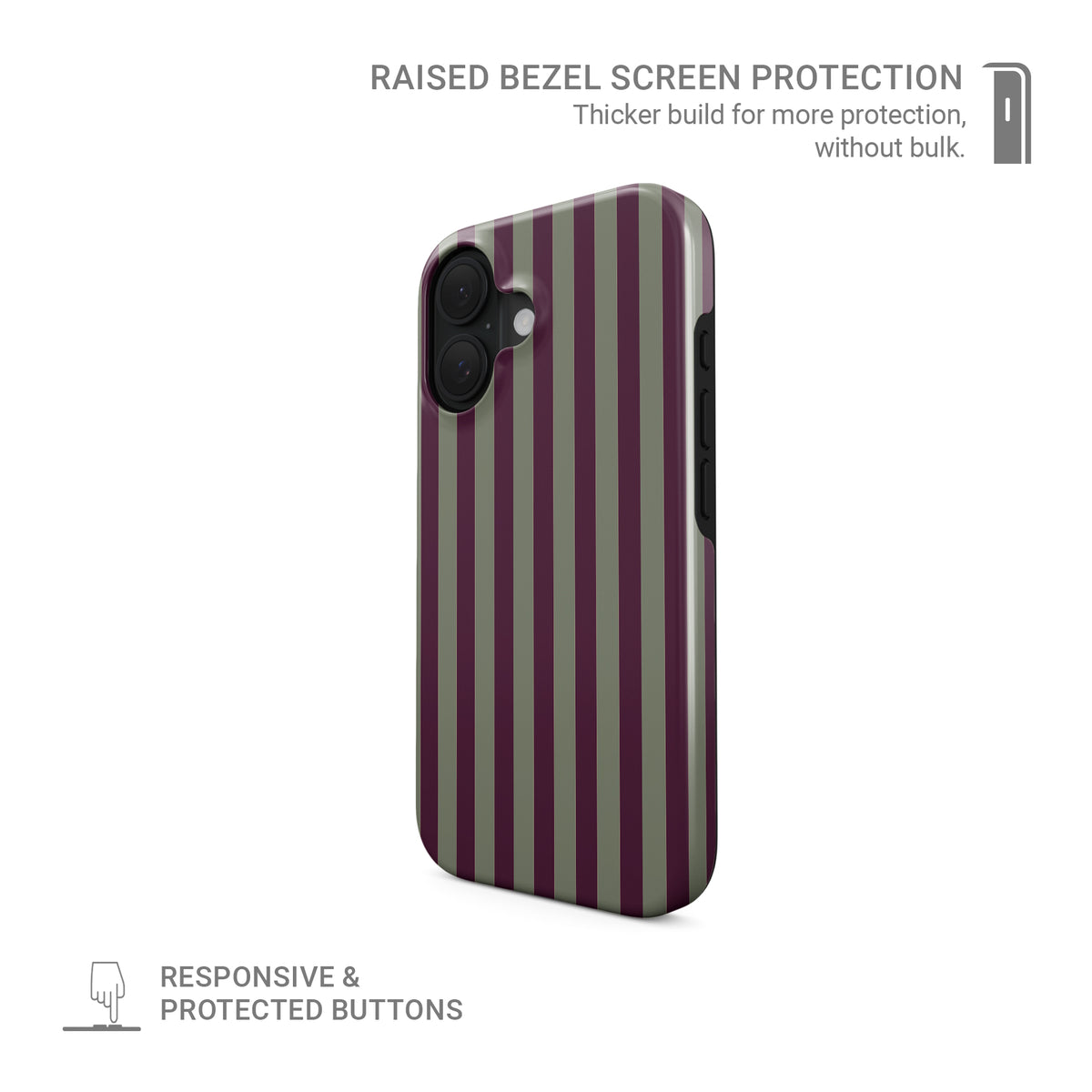 Mulberry Ticking Tough phone case with fine sage green and berry-plum vertical ticking stripes.