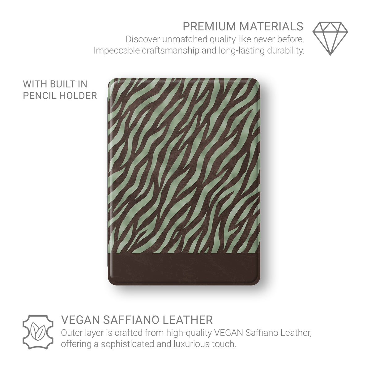 Pistachio Mane iPad Folio Case with chocolate zebra stripes on pistachio green from the Wild Atelier collection.