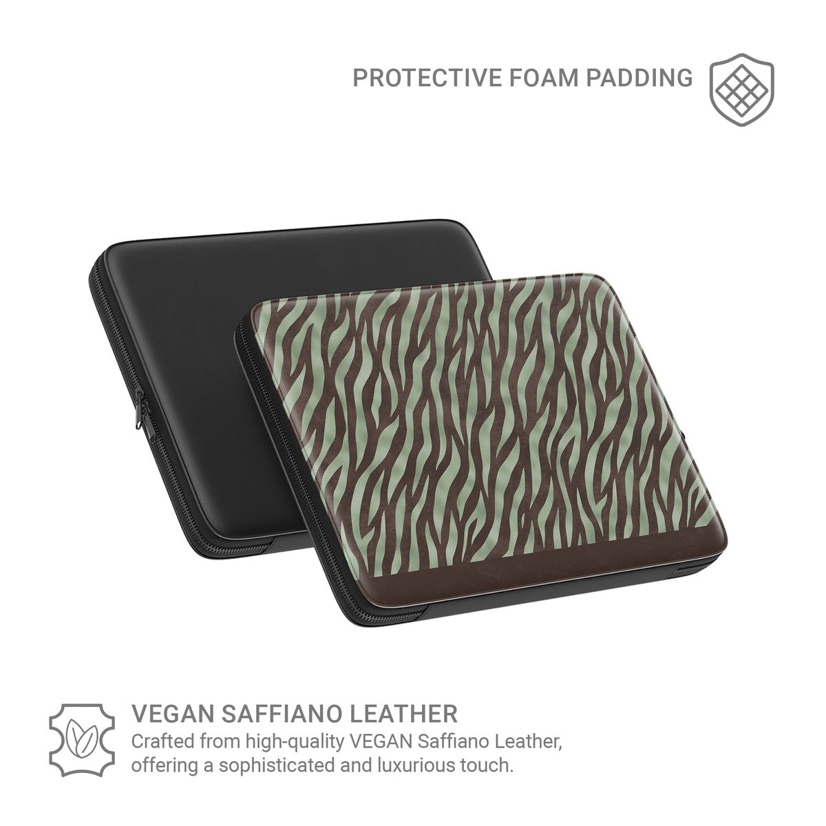 Pistachio Mane Laptop Sleeve with chocolate zebra stripes on pistachio green from the Wild Atelier collection.
