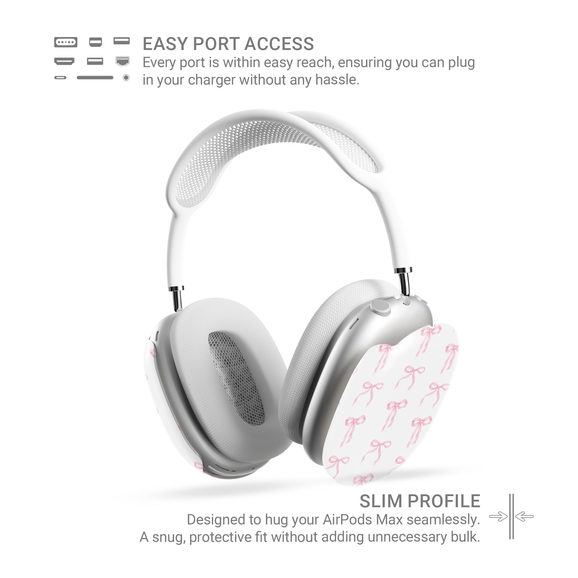 Slim protective AirPods Max case with satin-inspired bow pattern
