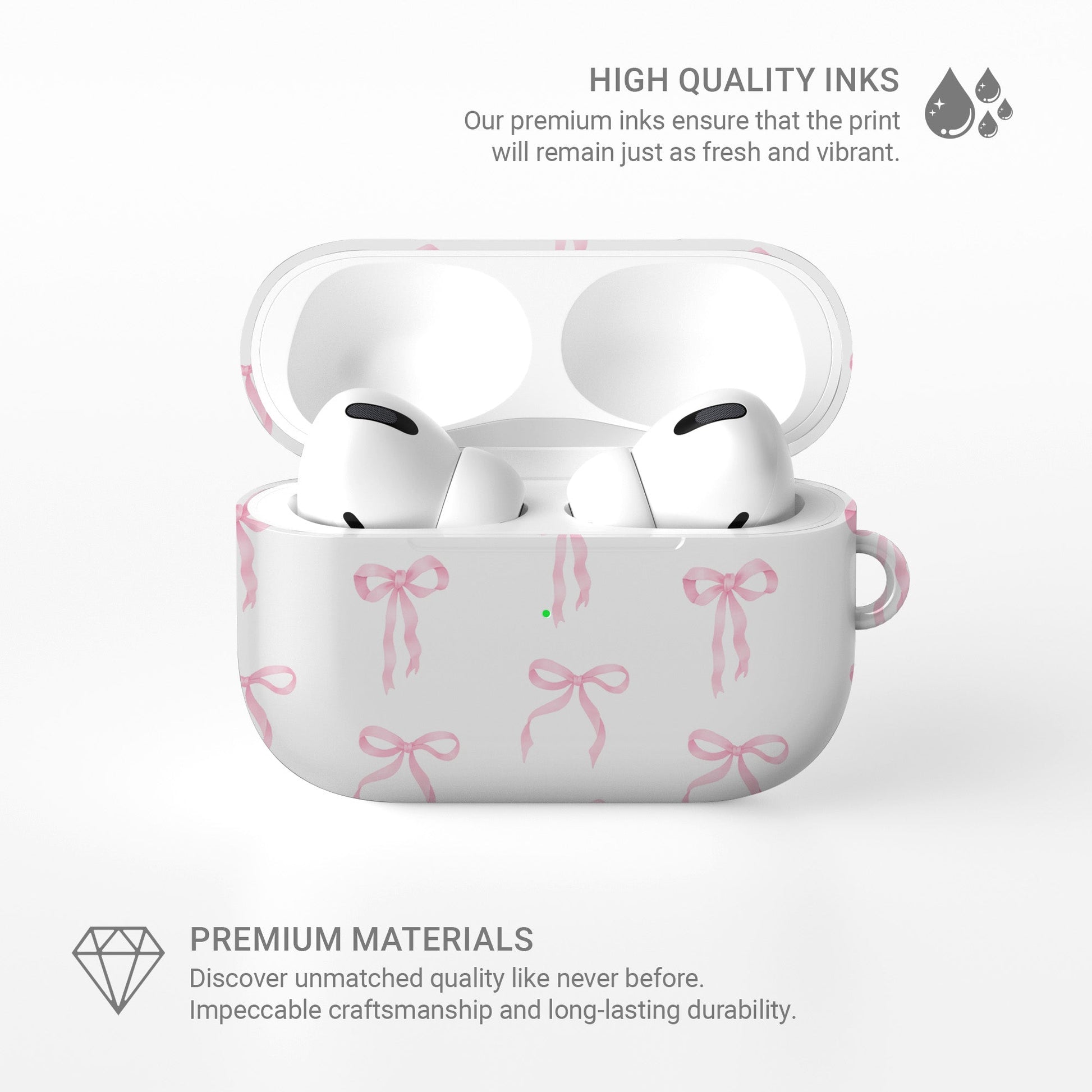 Satin Waltz AirPods Case – white base with delicate pastel pink satin bow pattern, slim durable protective cover for all AirPods models.