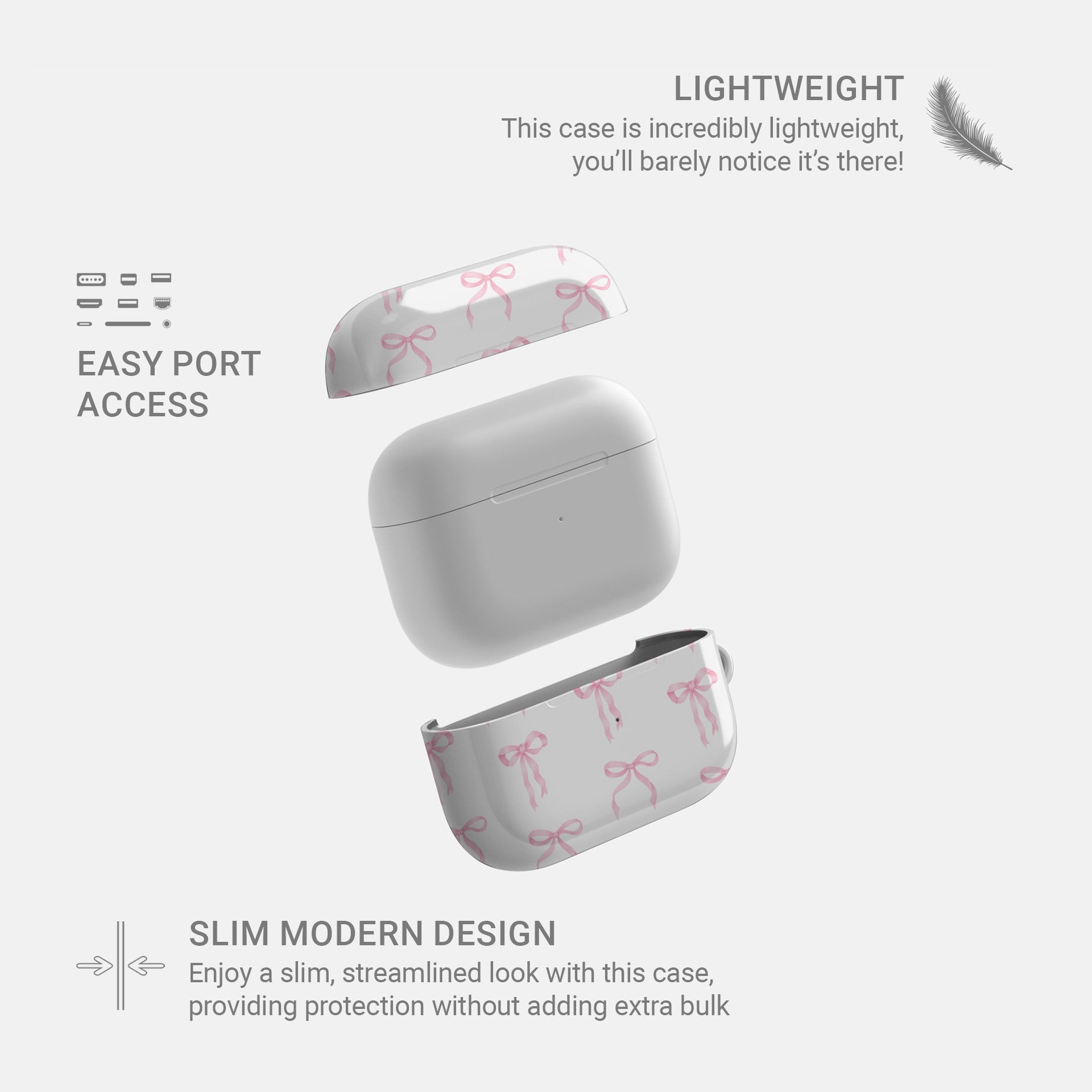 Satin Waltz AirPods Case – white base with delicate pastel pink satin bow pattern, slim durable protective cover for all AirPods models.