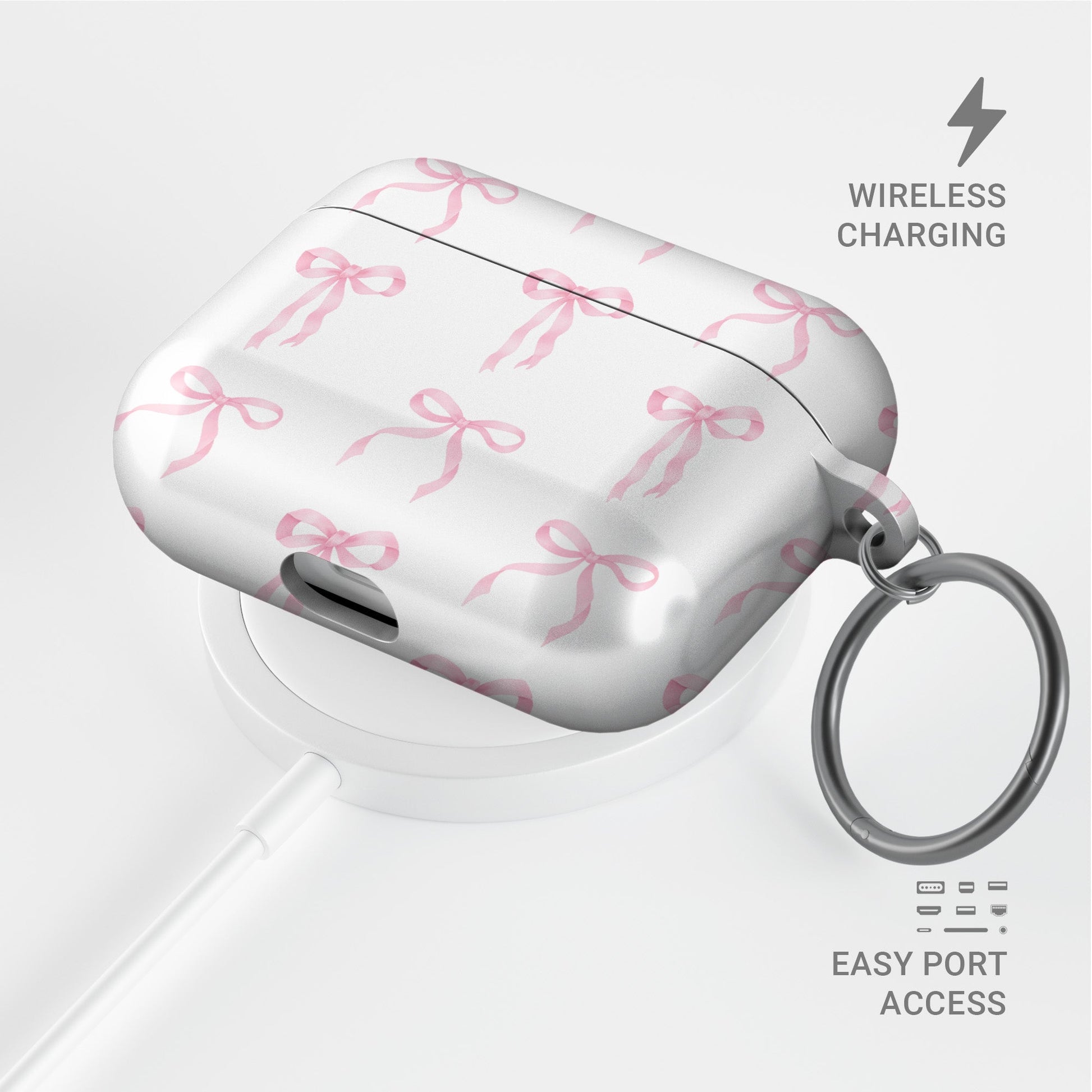 Satin Waltz AirPods Case – white base with delicate pastel pink satin bow pattern, slim durable protective cover for all AirPods models.