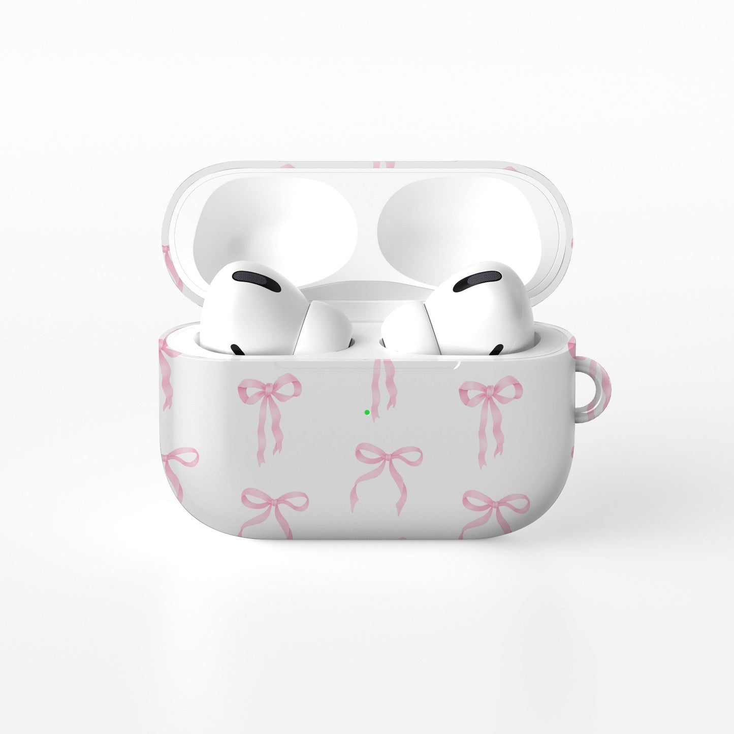 Satin Waltz AirPods Case – white base with delicate pastel pink satin bow pattern, slim durable protective cover for all AirPods models.