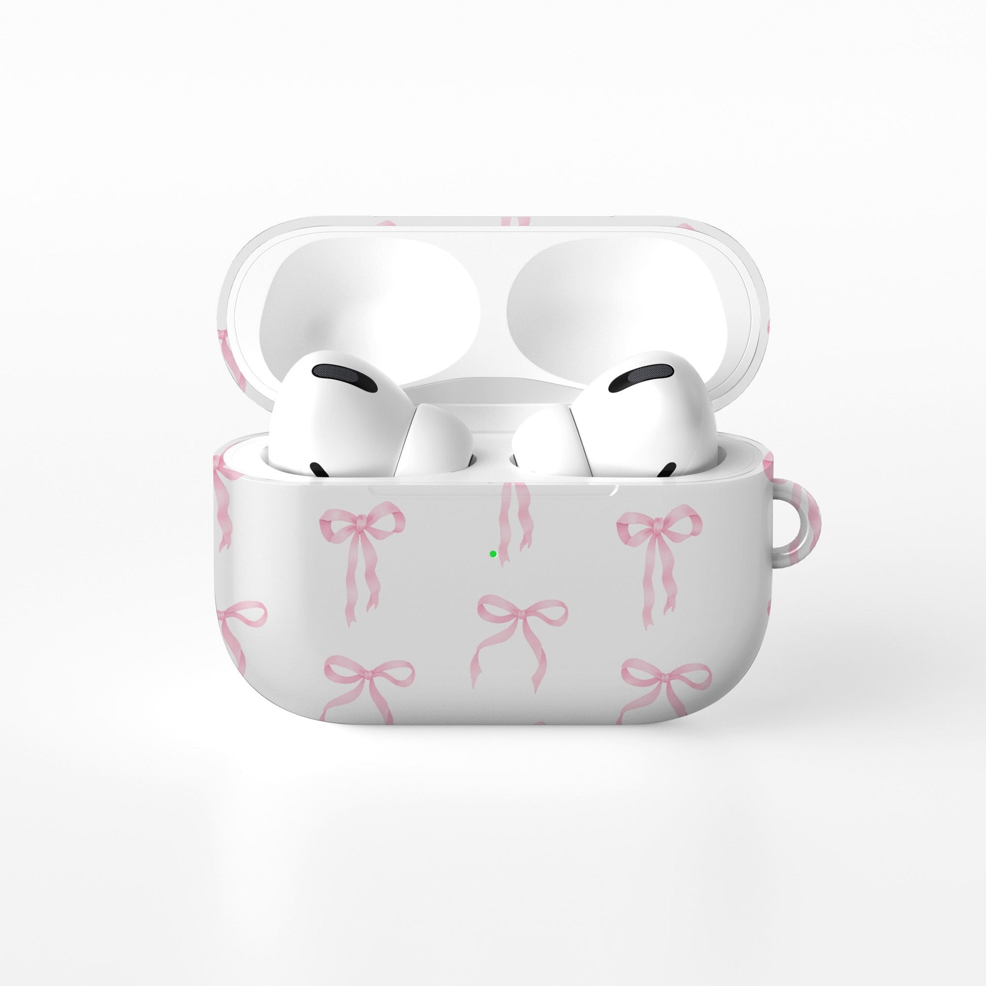 Satin Waltz AirPods Case – white base with delicate pastel pink satin bow pattern, slim durable protective cover for all AirPods models.