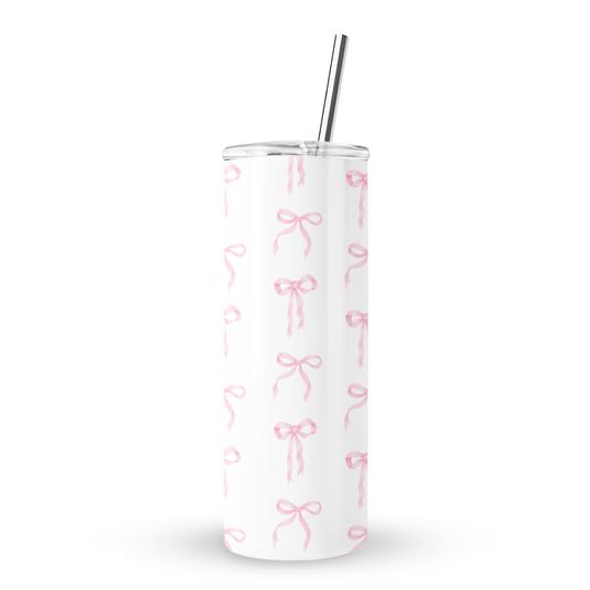 Satin Waltz stainless steel tumbler with pastel pink bow design