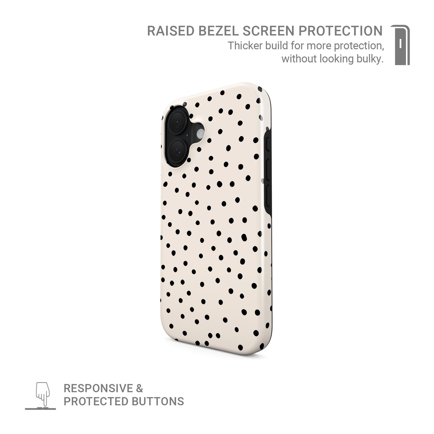 Cream polka dot tough phone case with black scattered dots on neutral background
