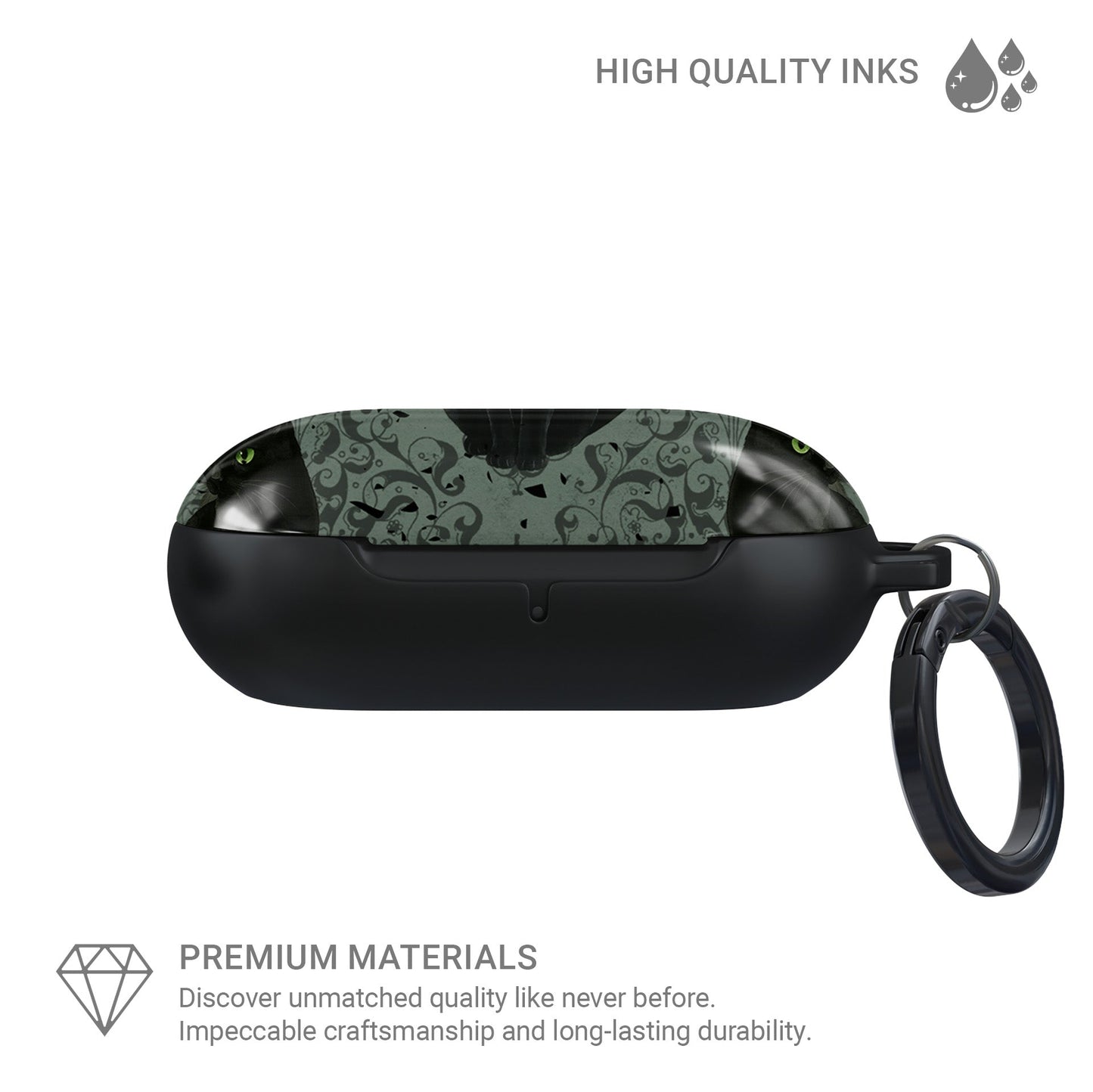 Silent Guardian Samsung Buds Tough Case with black cat artwork, glossy finish, and durable impact-resistant build.