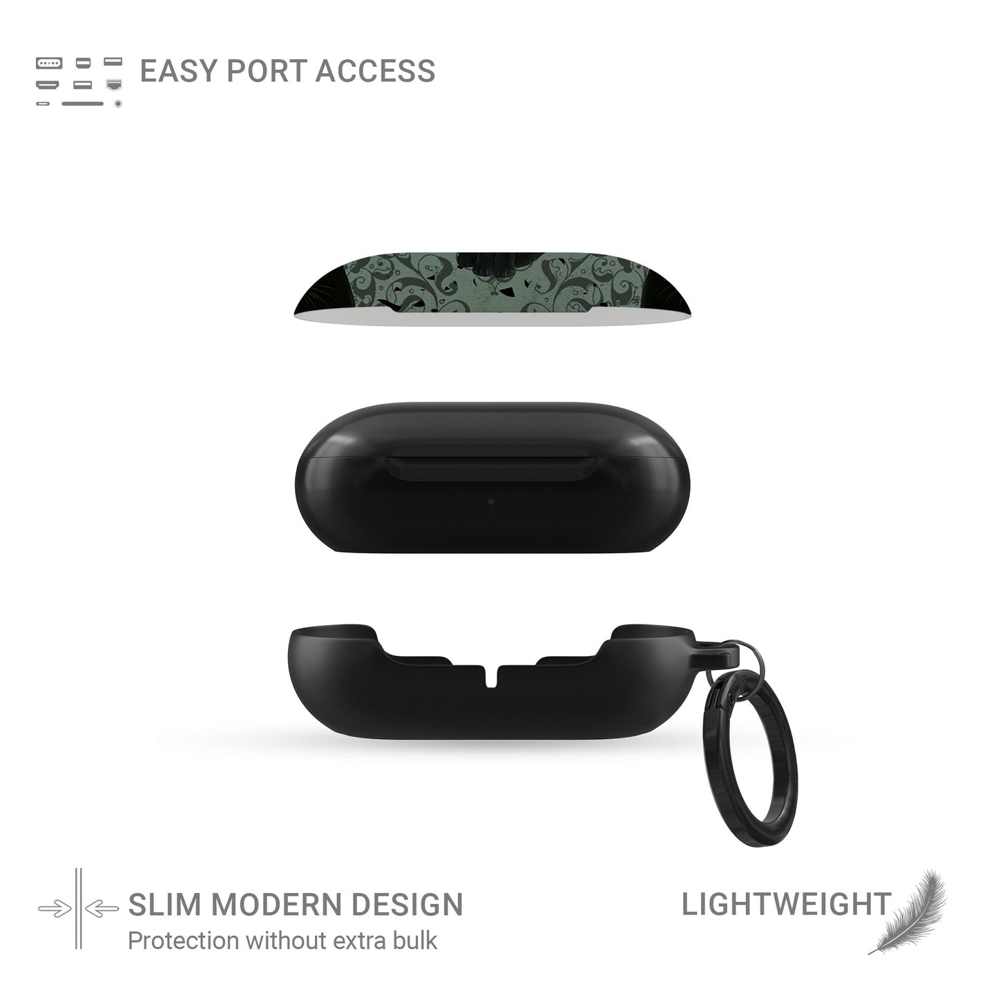 Silent Guardian Samsung Buds Tough Case with black cat artwork, glossy finish, and durable impact-resistant build.