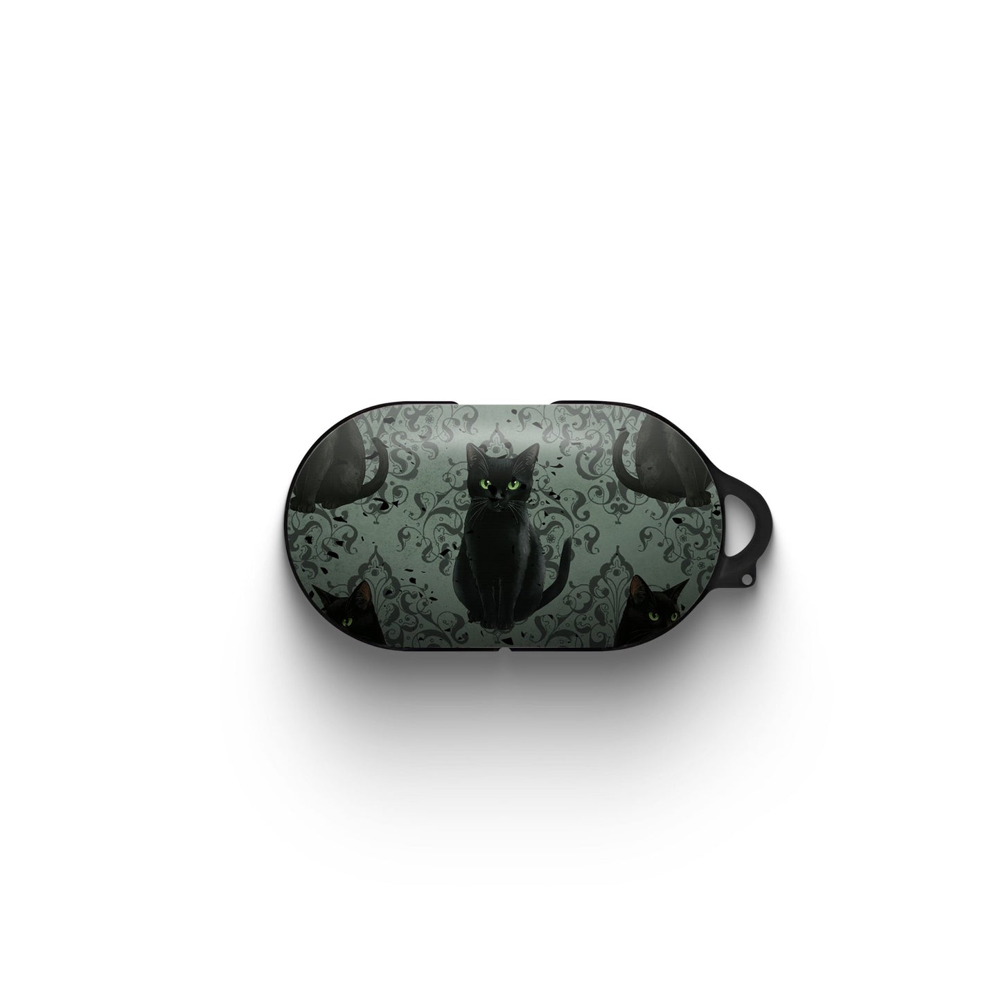 Silent Guardian Samsung Buds Tough Case with black cat artwork, glossy finish, and durable impact-resistant build.