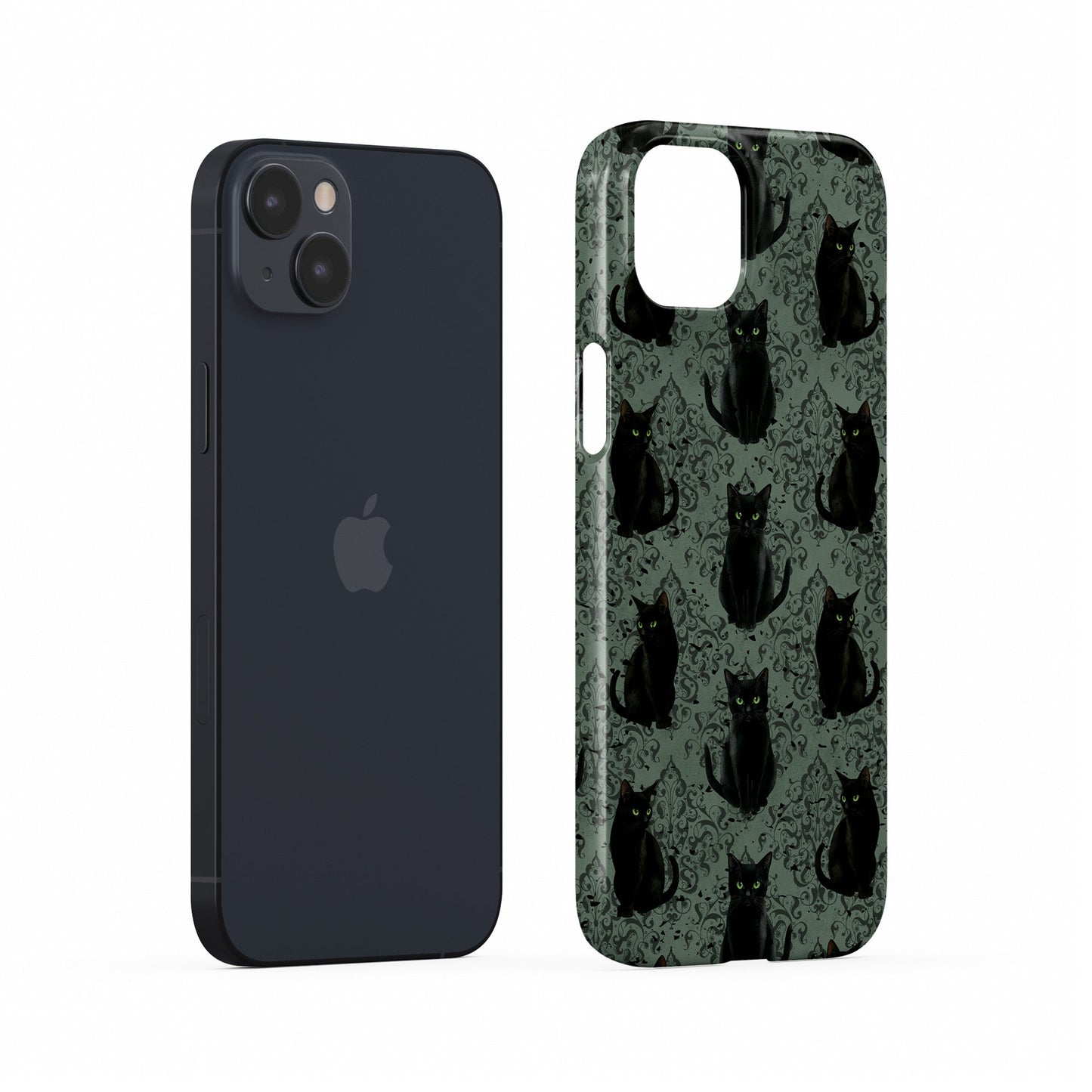 Glossy black cat phone case with green eyes – protective slim holloween gothic design