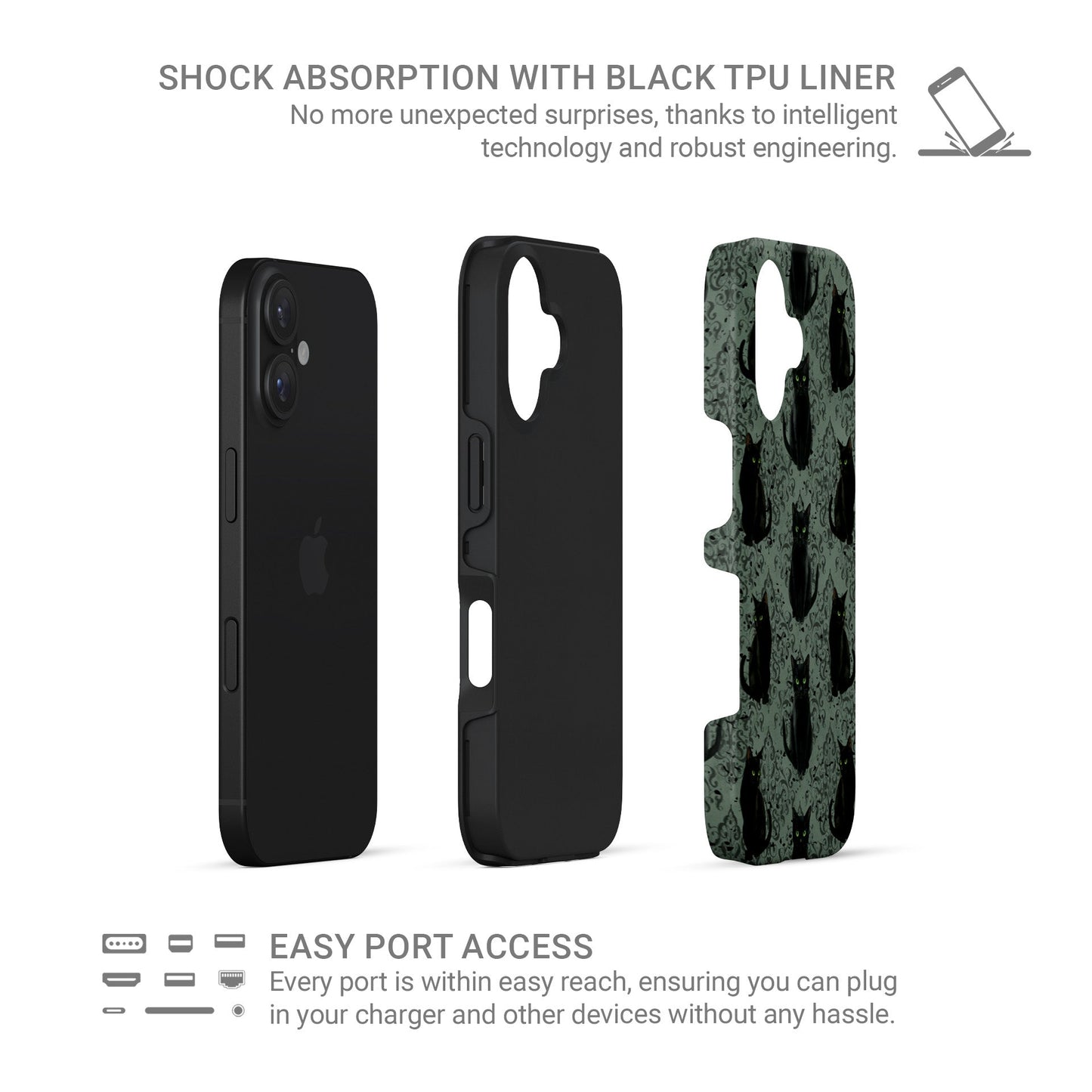 Silent Guardian Tough Phone Case – gothic black cat design with green eyes on damask background