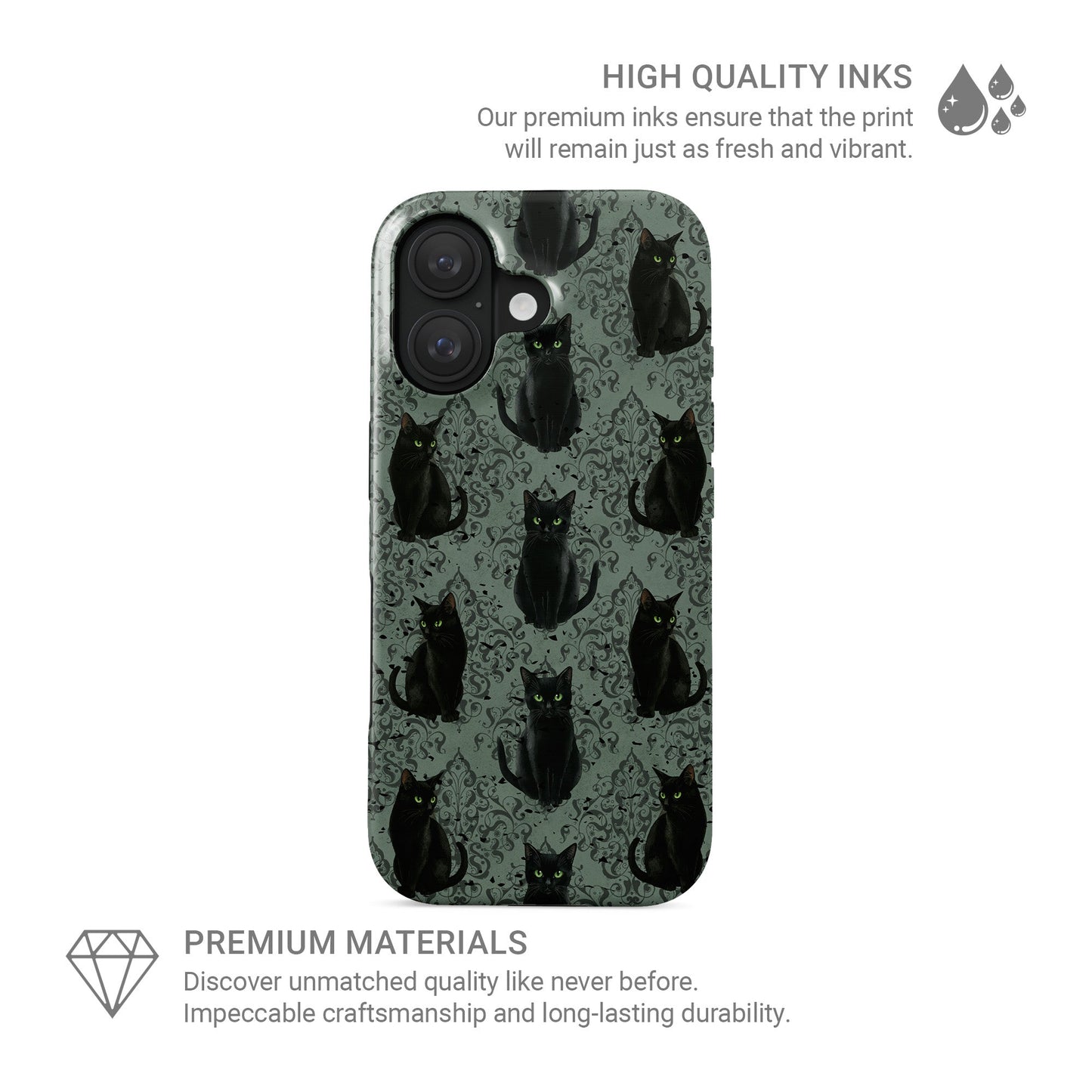 Silent Guardian Tough Phone Case – gothic black cat design with green eyes on damask background