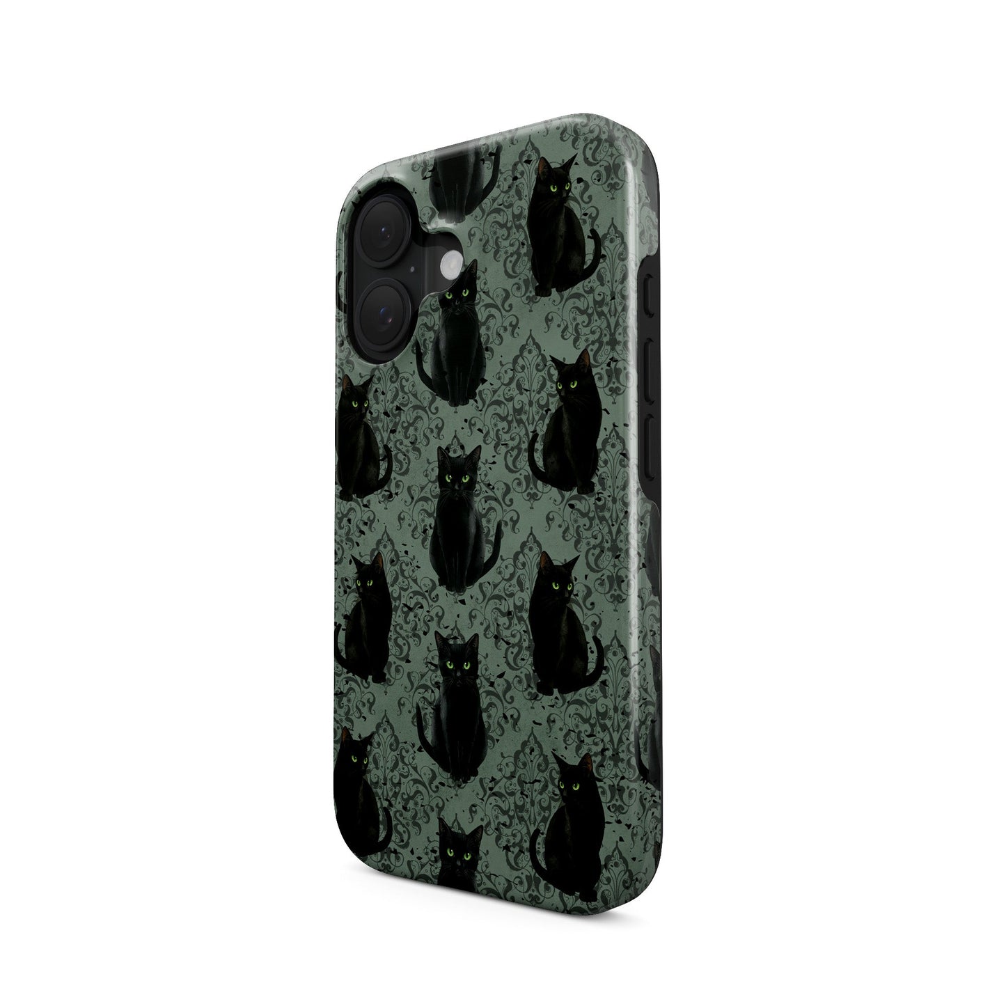 Silent Guardian Tough Phone Case – gothic black cat design with green eyes on damask background
