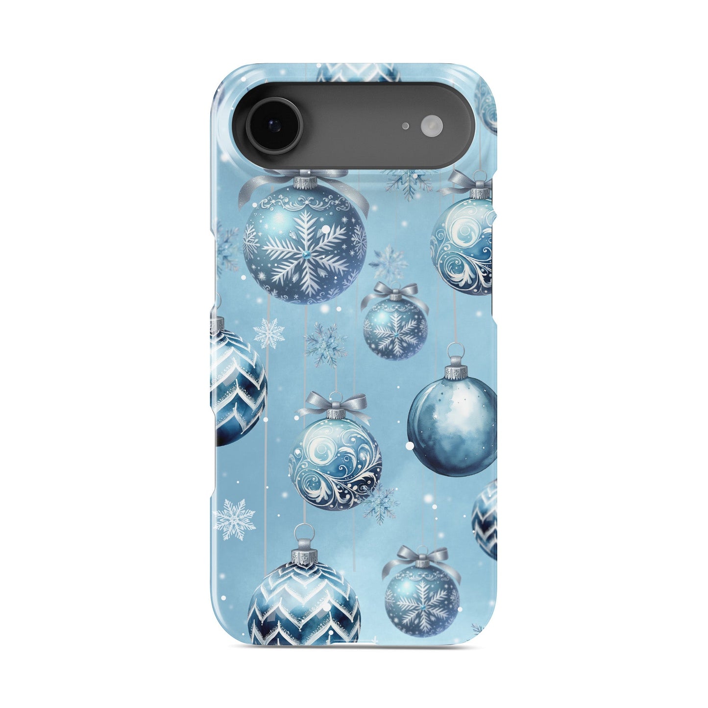 Pastel blue Christmas baubles with snowflakes and silver bows on a soft winter background, Case & Charm Snowdrop Baubles design