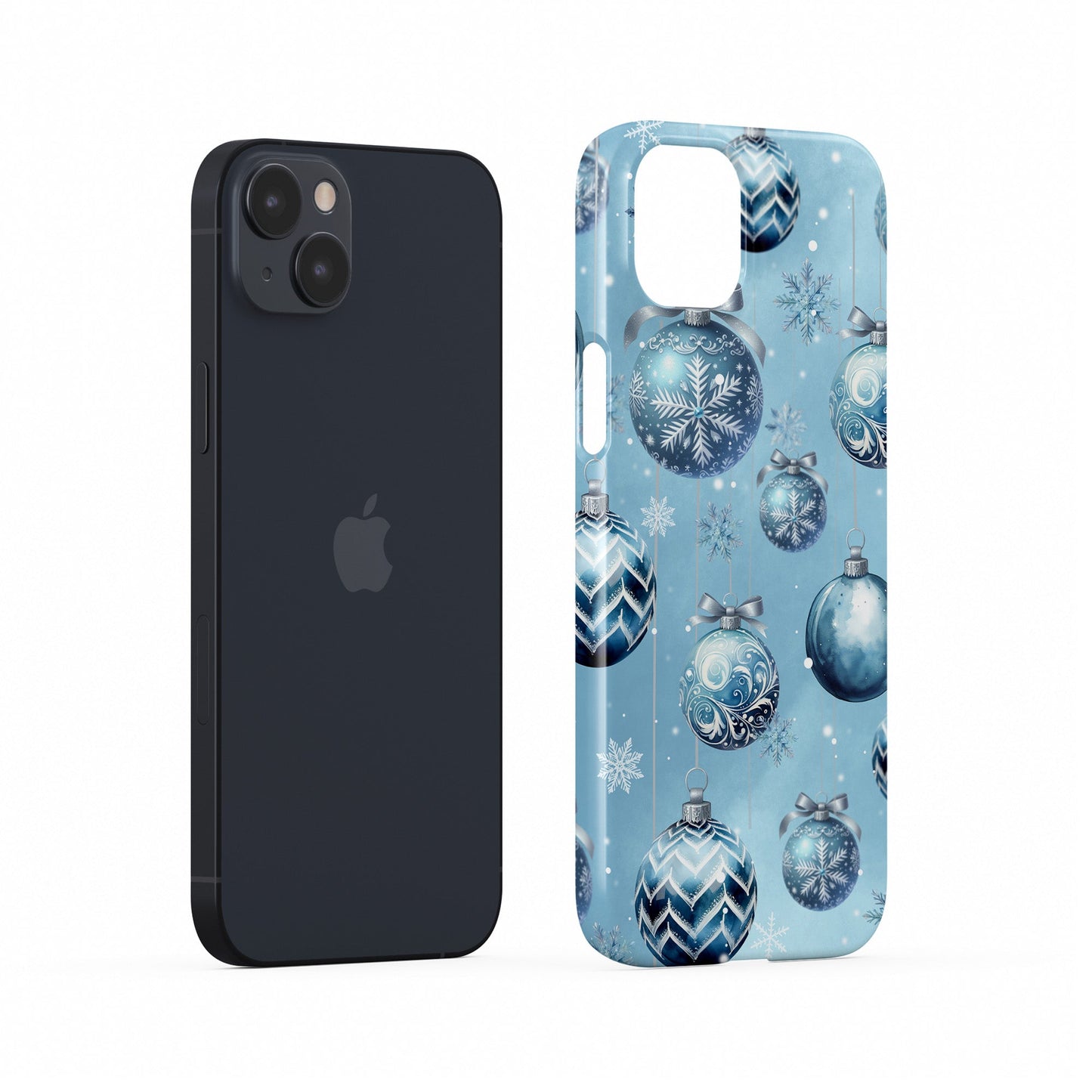 Pastel blue Christmas baubles with snowflakes and silver bows on a soft winter background, Case & Charm Snowdrop Baubles design