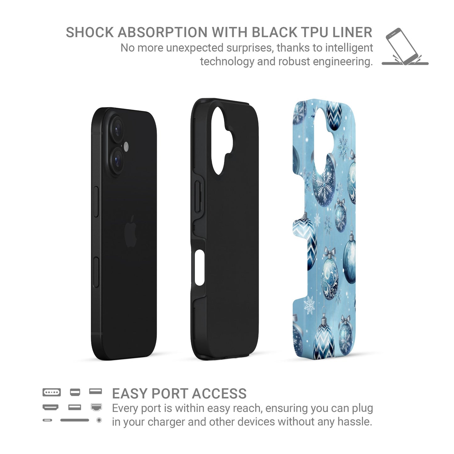 Glossy tough phone case with blue Christmas baubles and snowflakes on a soft winter blue background, Case & Charm Snowdrop Baubles design