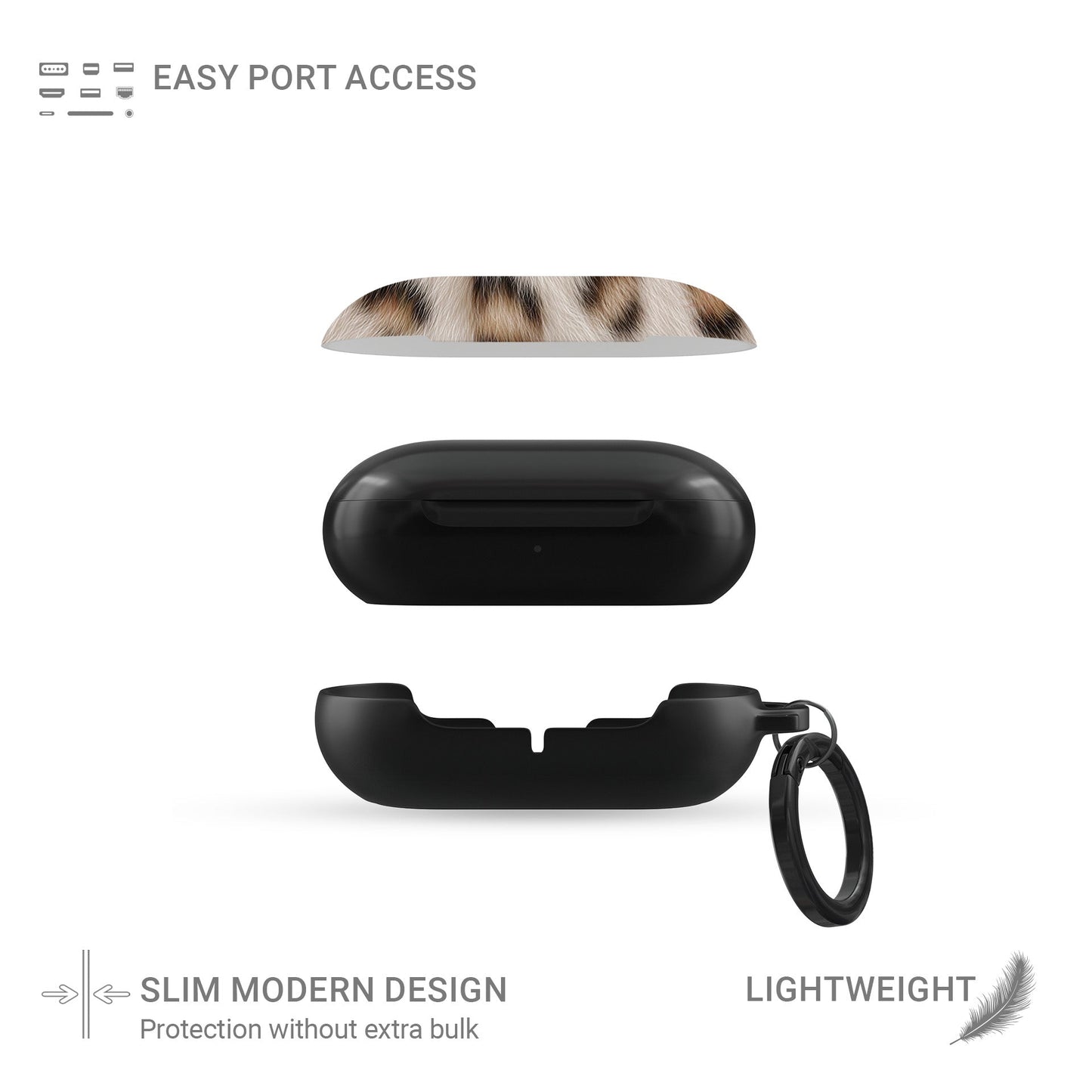 Snowy Roar white leopard print Samsung Buds case with glossy fur detail and keyring loop