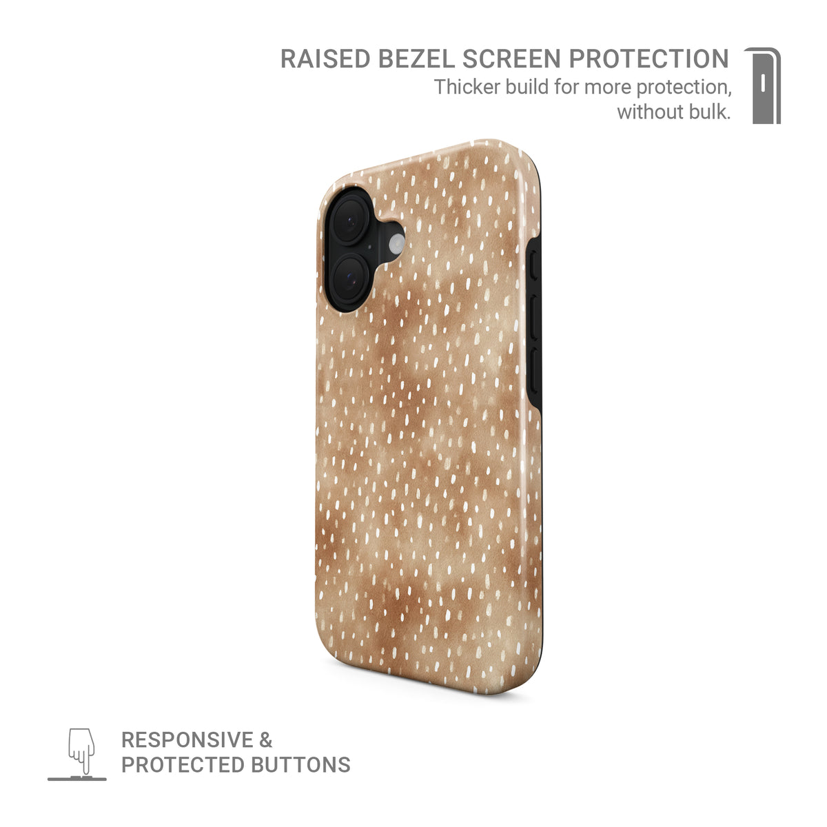 Fawn Fleck Tough phone case in warm beige with irregular tan speckles and organic abstract marks.
