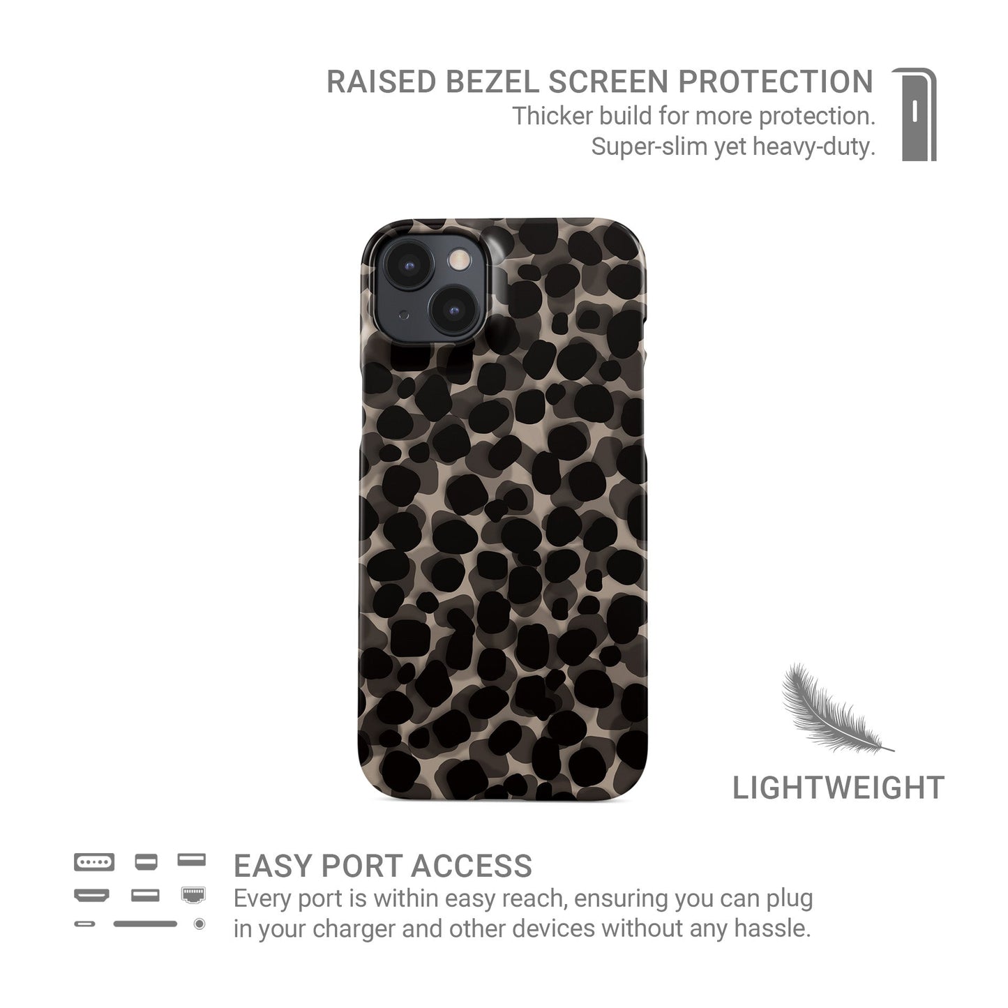 Stone Ash Snap Phone Case in glossy grey and black spotted animal print – Ink and Ember Collection by Case & Charm