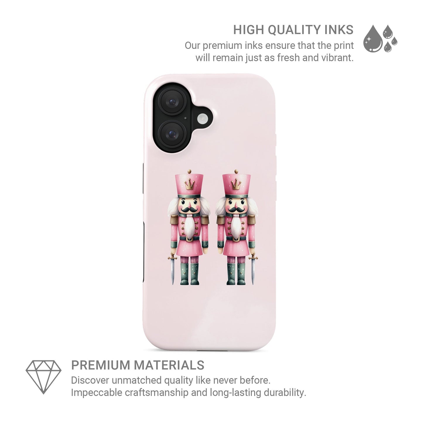 Glossy tough phone case with two pink Nutcracker soldiers on a blush background, dual layer style, Case & Charm Sugarplum Soldiers design