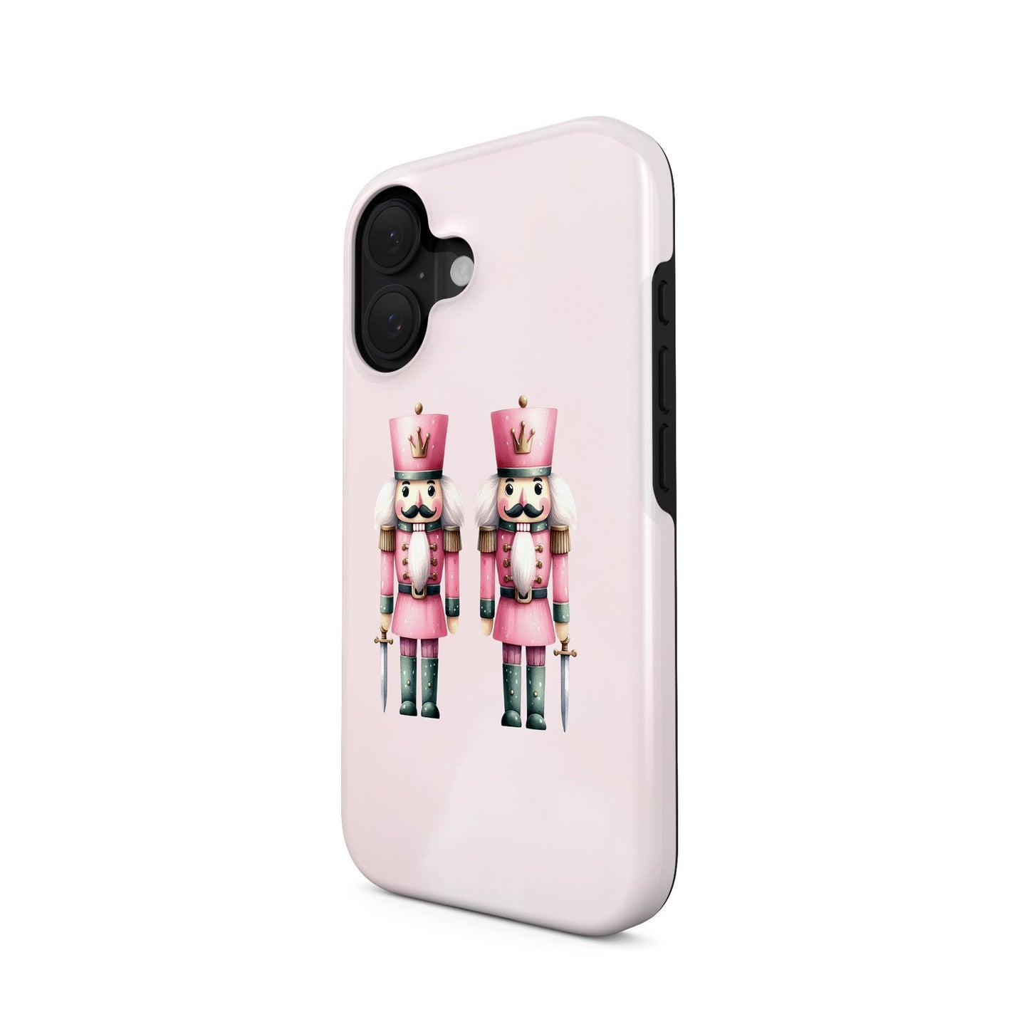 Glossy tough phone case with two pink Nutcracker soldiers on a blush background, dual layer style, Case & Charm Sugarplum Soldiers design