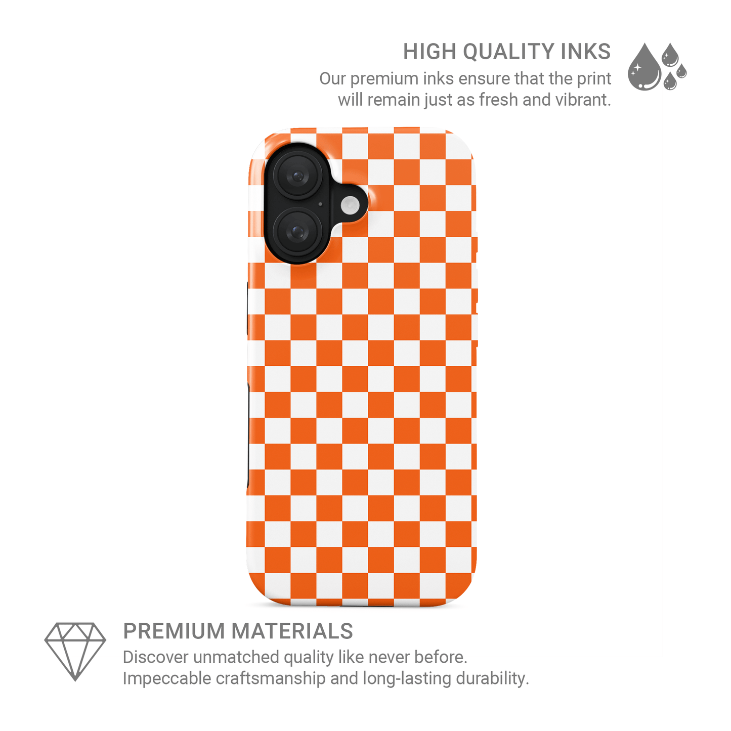 Orange checkered MagSafe tough phone case – Sunburst Grid design from the Checkmate Collection, dual-layer magnetic protective case for iPhone