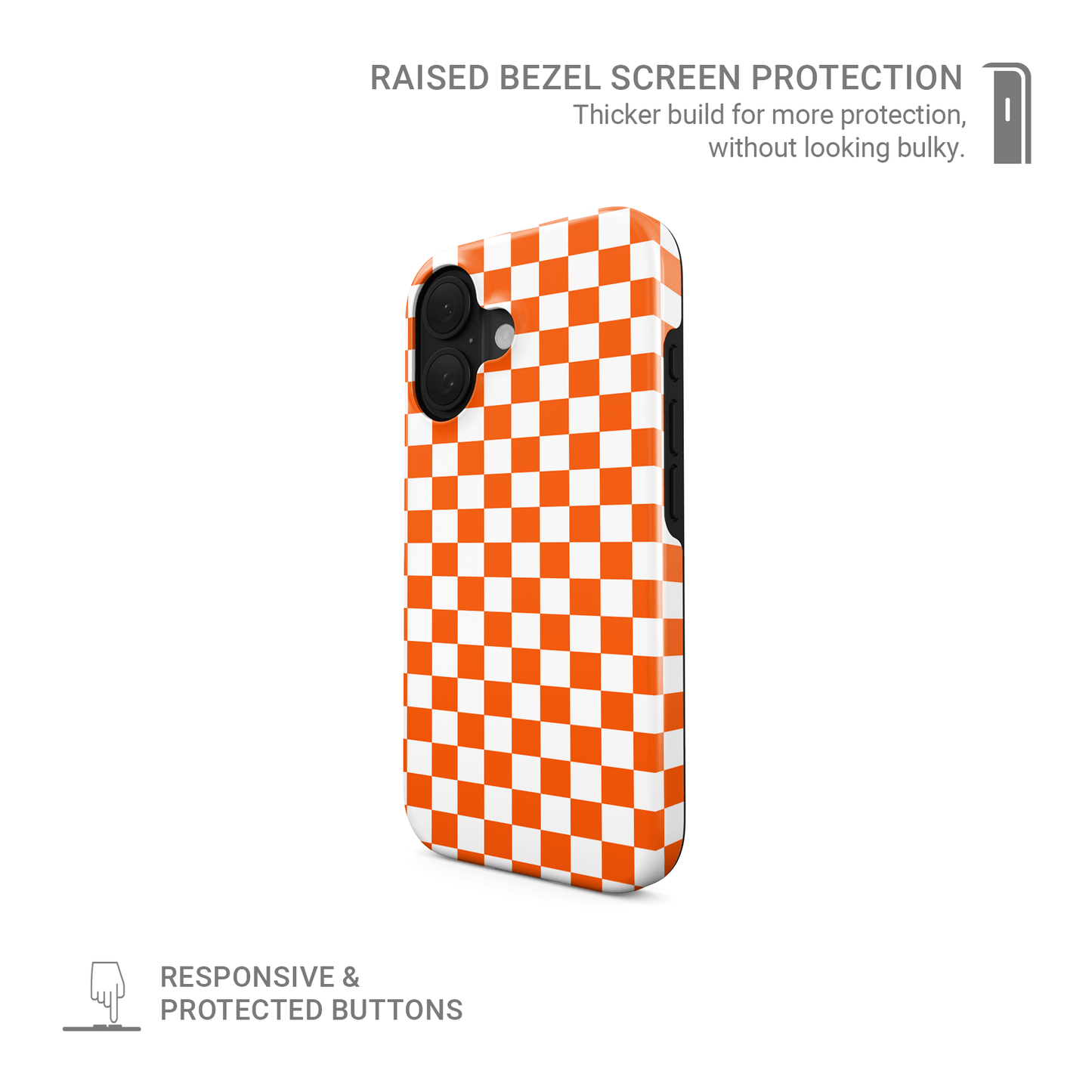 Orange checkered MagSafe tough phone case – Sunburst Grid design from the Checkmate Collection, dual-layer magnetic protective case for iPhone