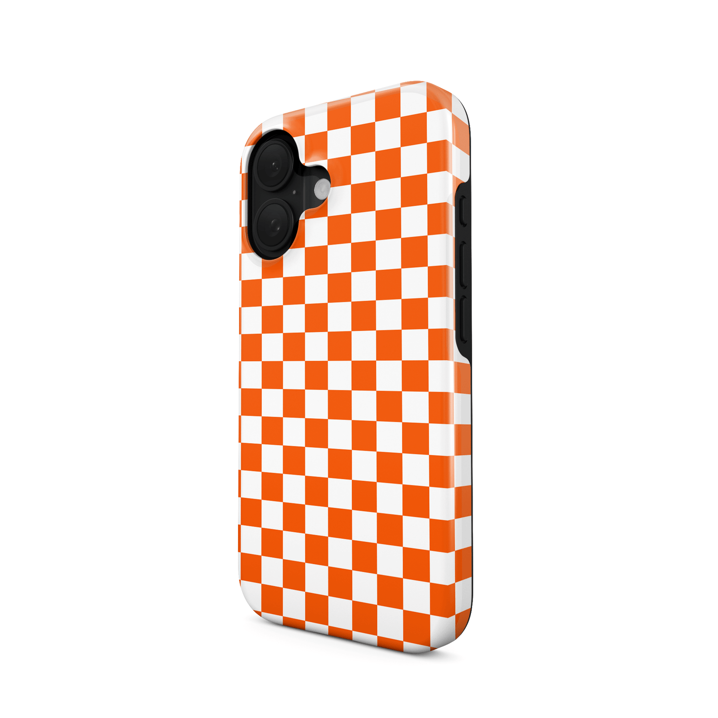 Orange checkered tough phone case – Starburst Grid design from the Checkmate Collection, dual-layer protective case for iPhone, Samsung and Pixel