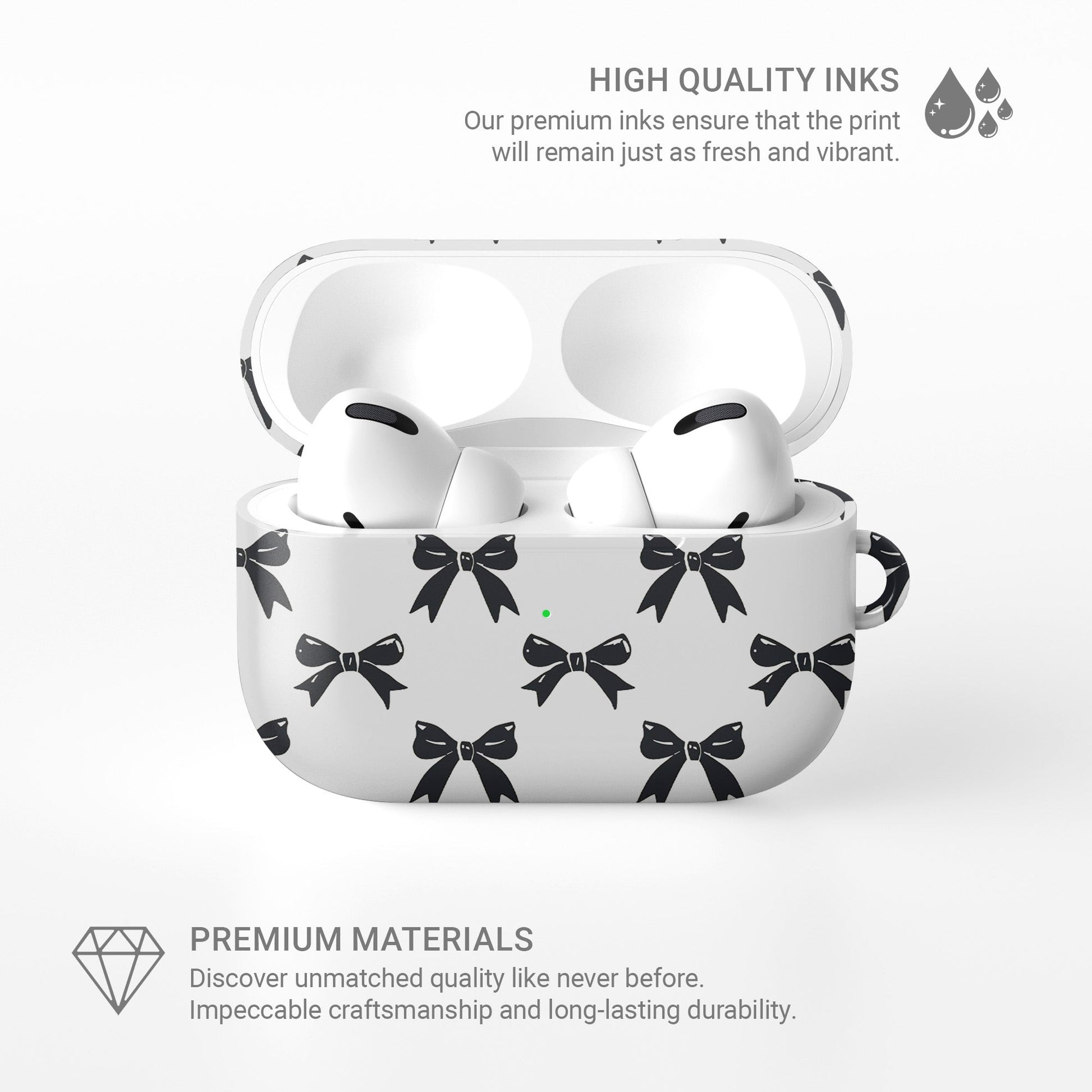 Twilight Confetti AirPods Case – white base with bold black bow pattern, slim durable scratch-resistant protective cover for all AirPods models.