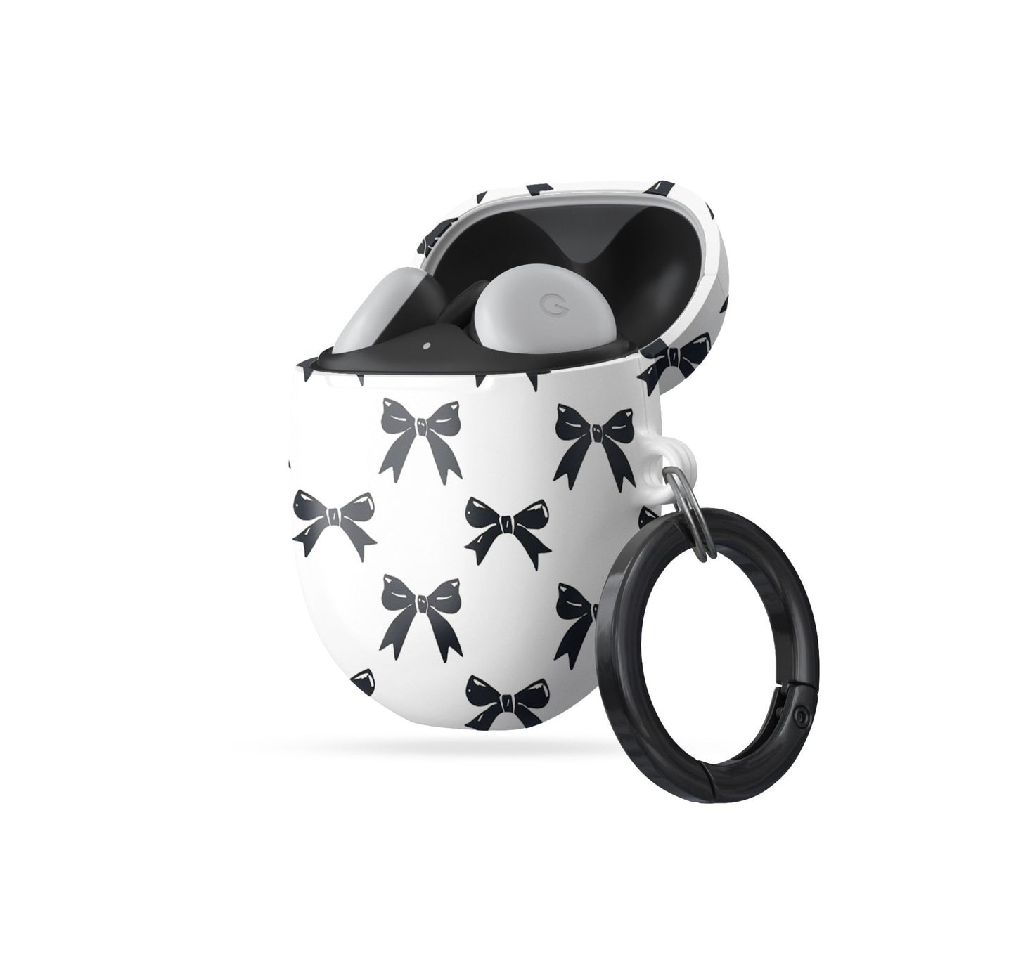 Google Pixel Buds case in Twilight Confetti design with bold black bow pattern on a white background, coquette-inspired protective earbuds cover.