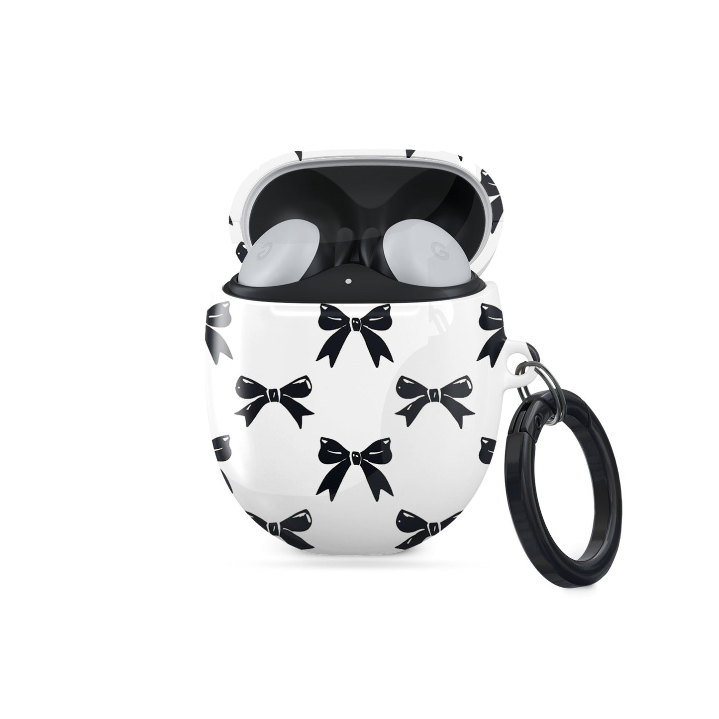 Google Pixel Buds case in Twilight Confetti design with bold black bow pattern on a white background, coquette-inspired protective earbuds cover.