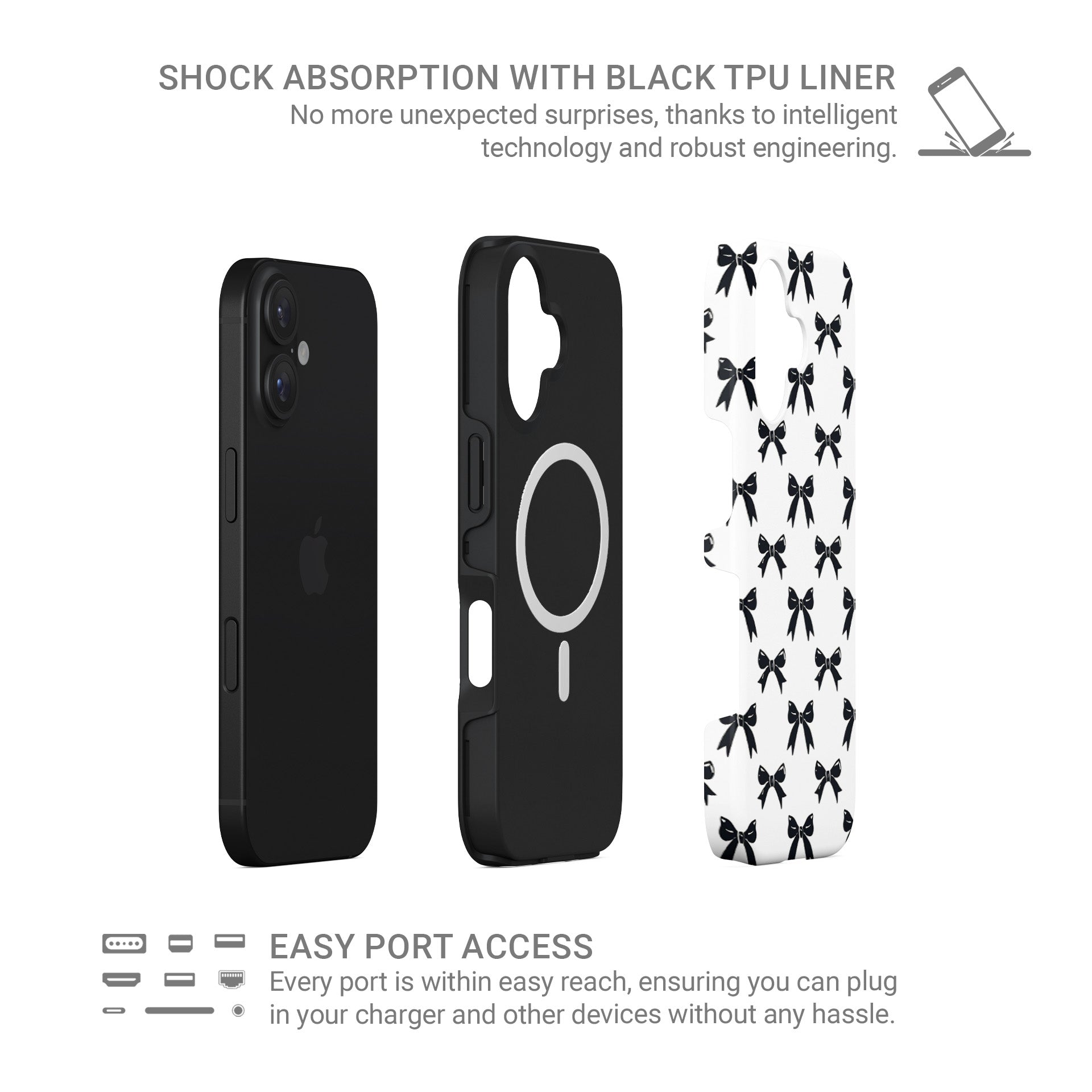 MagSafe Tough Phone Case with black bows on white background
