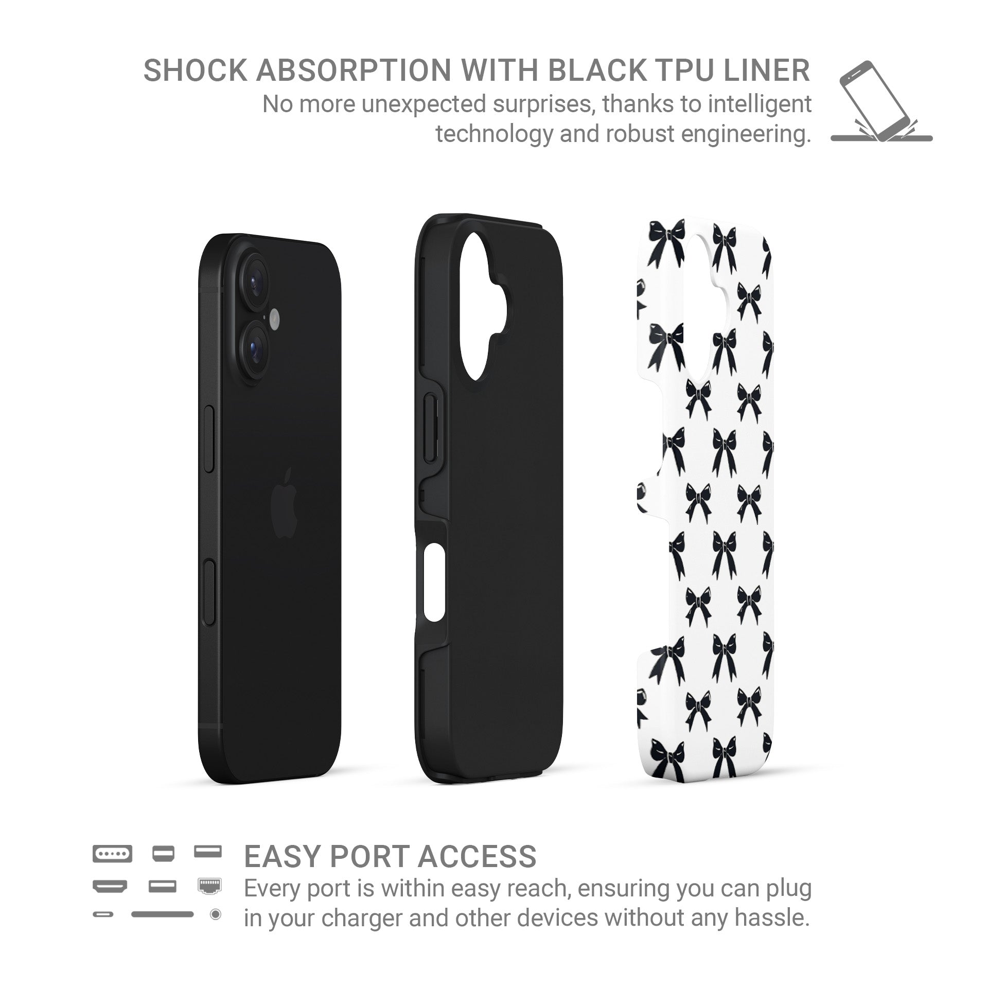 Monochrome bow tough phone case – chic black and white design