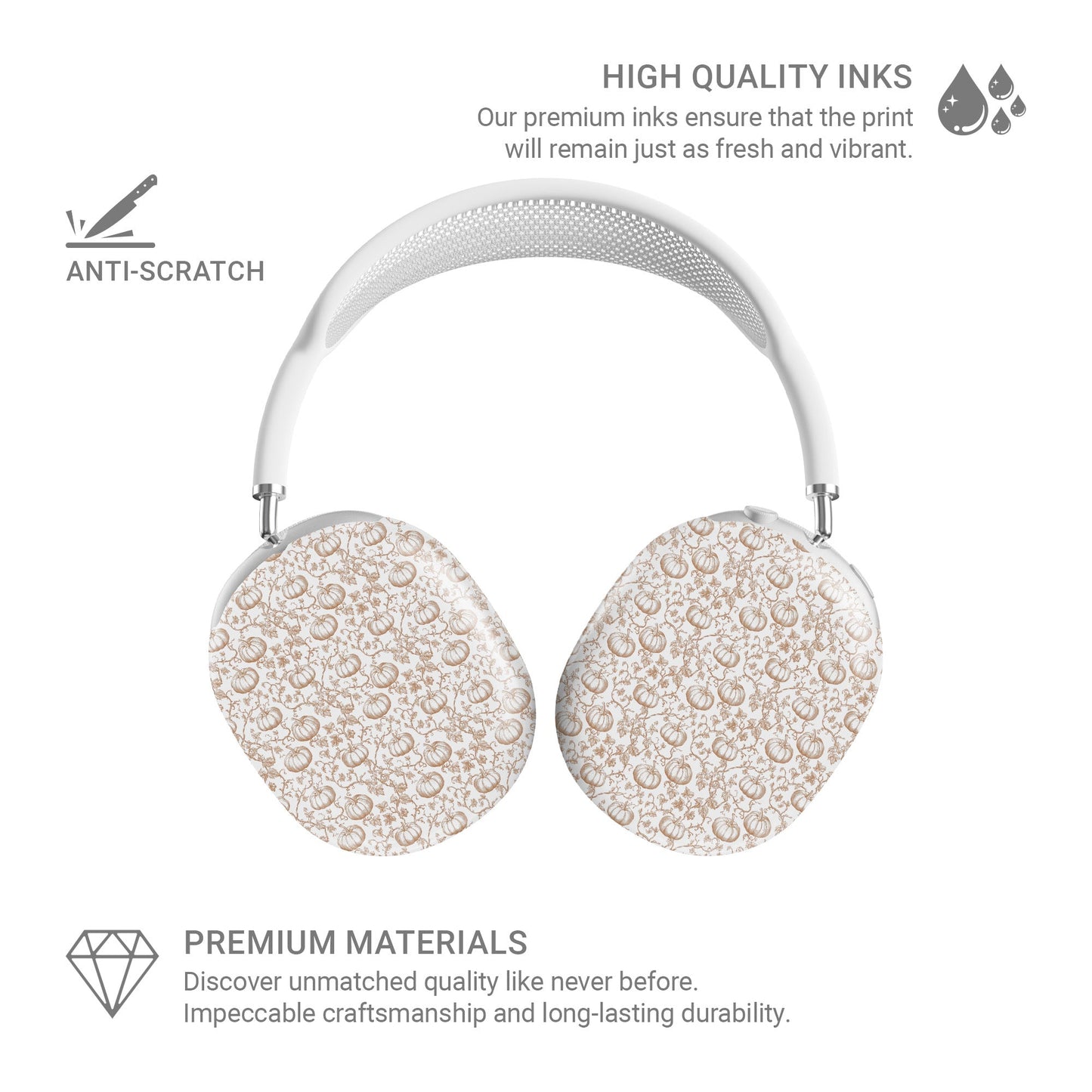 Protective AirPods Max cover in autumn pumpkin sketch pattern