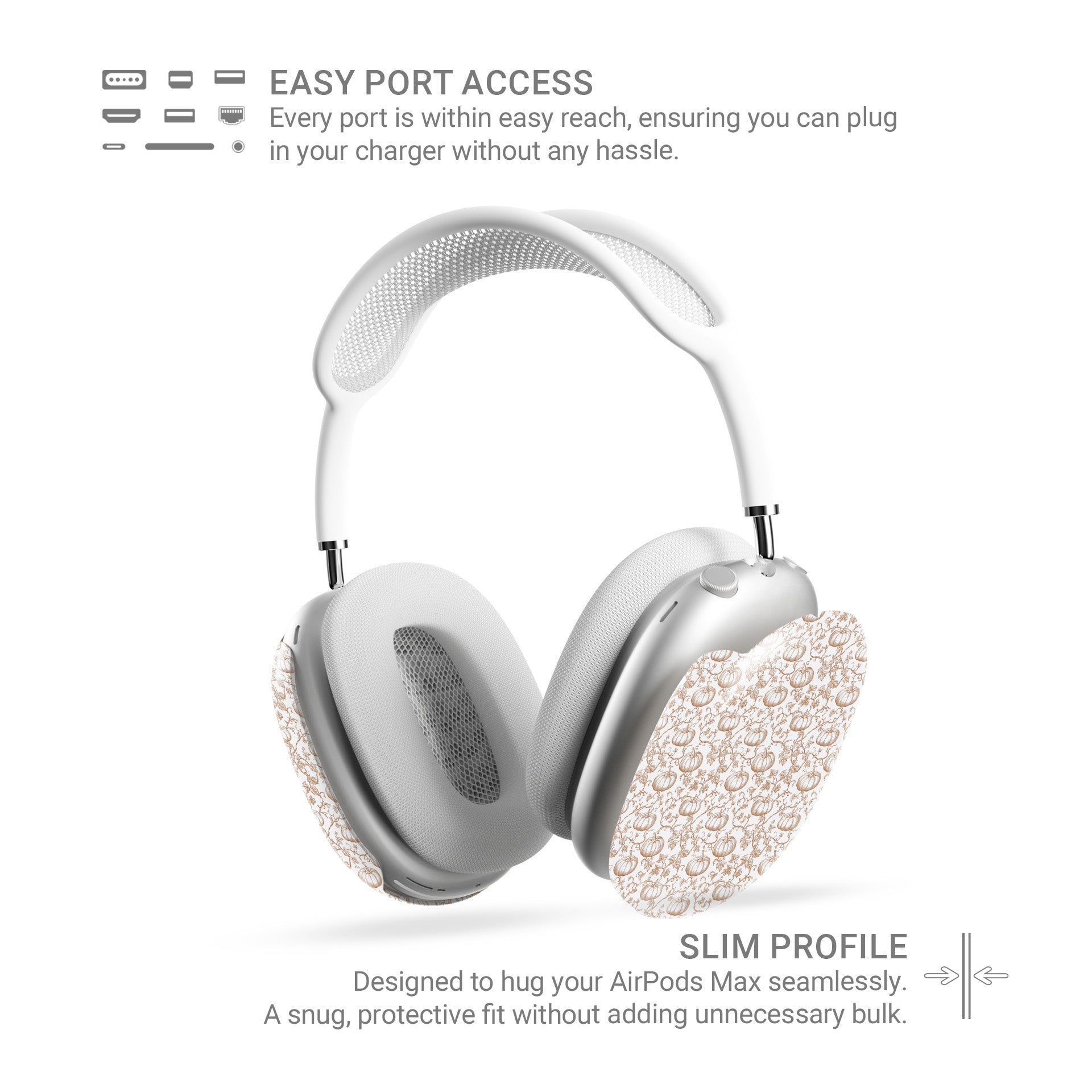 Protective AirPods Max cover in autumn pumpkin sketch pattern