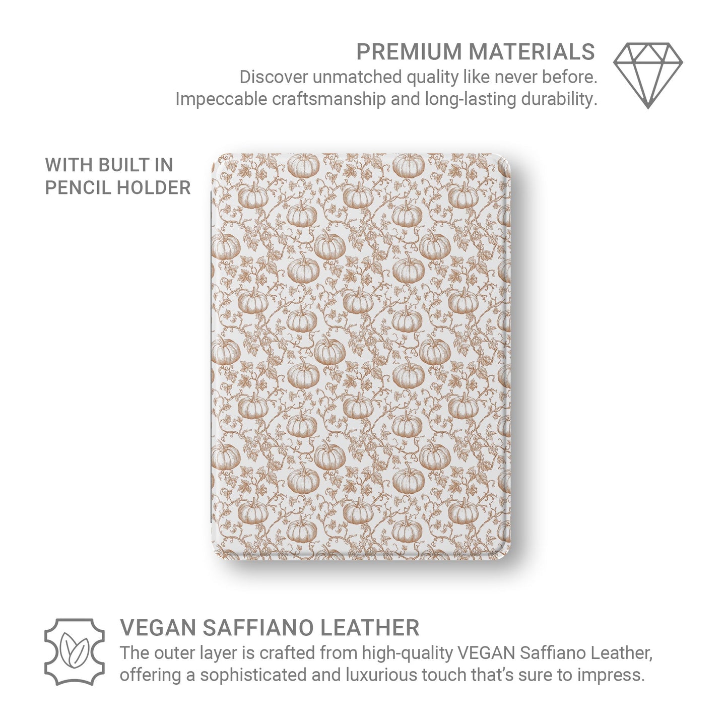 Durable iPad case with seasonal pumpkin vine pattern and pencil holder