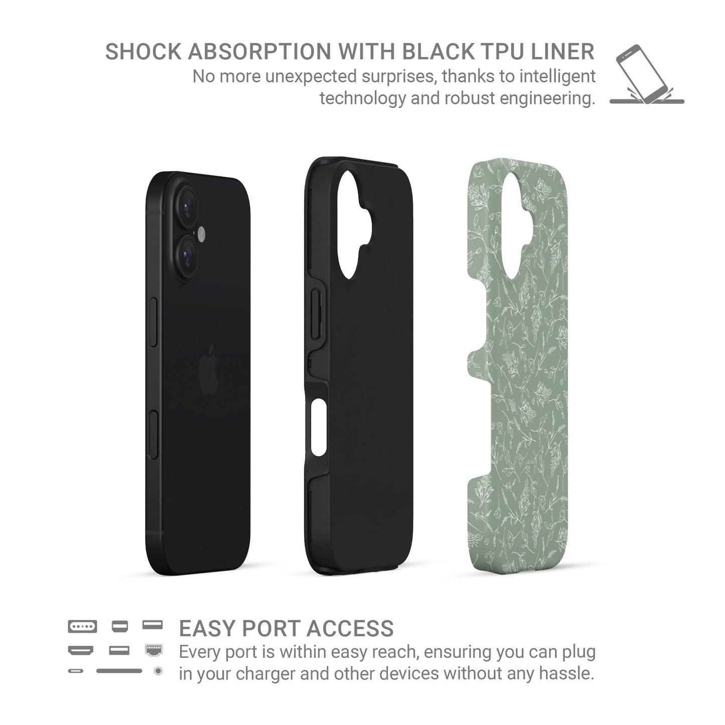 Green tough protective phone case for iPhone, Samsung and Pixel