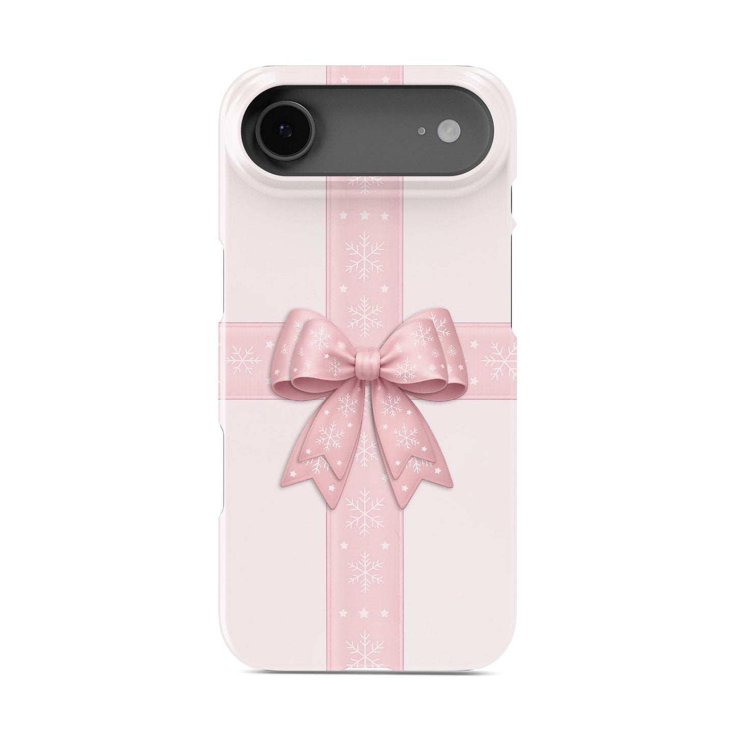 Blush pink ribbon crossing with large satin bow and white snowflakes on a soft pastel background, Protective Phone Case By Case & Charm “Winter’s Gift”