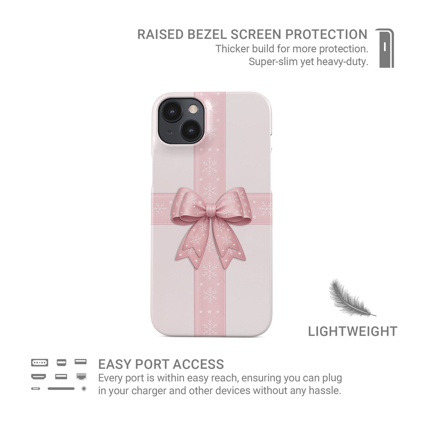 Blush pink ribbon crossing with large satin bow and white snowflakes on a soft pastel background, Protective Phone Case By Case & Charm “Winter’s Gift”