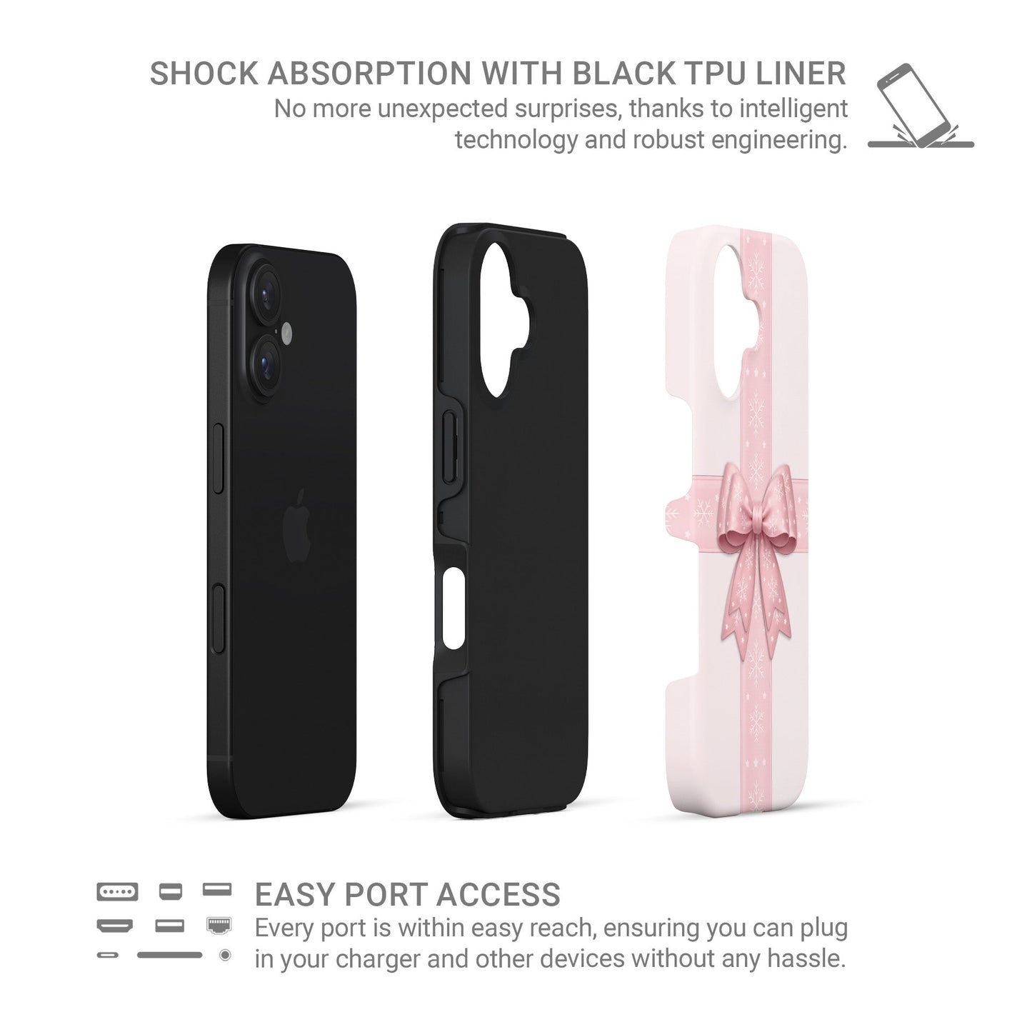 Glossy tough phone case with blush ribbon and large pink bow with white snowflakes on a soft pastel background, Case & Charm Winter’s Gift design