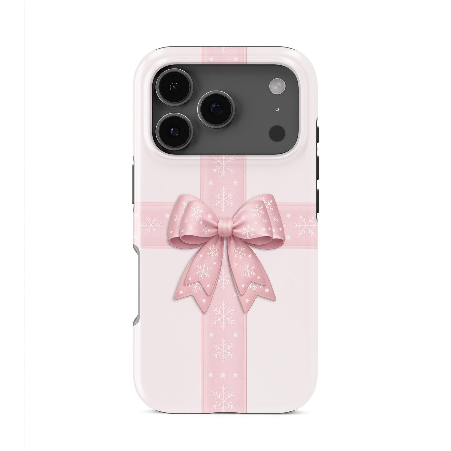 Glossy tough phone case with blush ribbon and large pink bow with white snowflakes on a soft pastel background, Case & Charm Winter’s Gift design