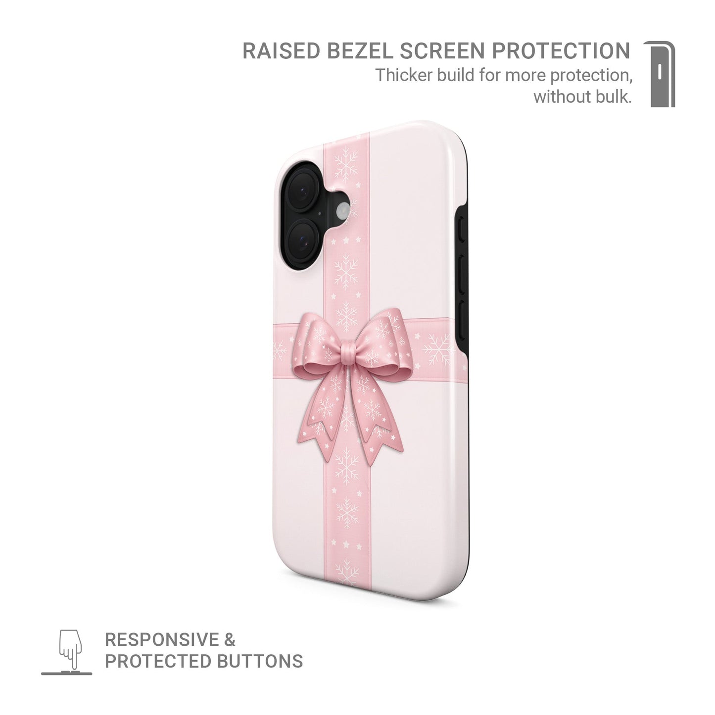 Glossy tough phone case with blush ribbon and large pink bow with white snowflakes on a soft pastel background, Case & Charm Winter’s Gift design
