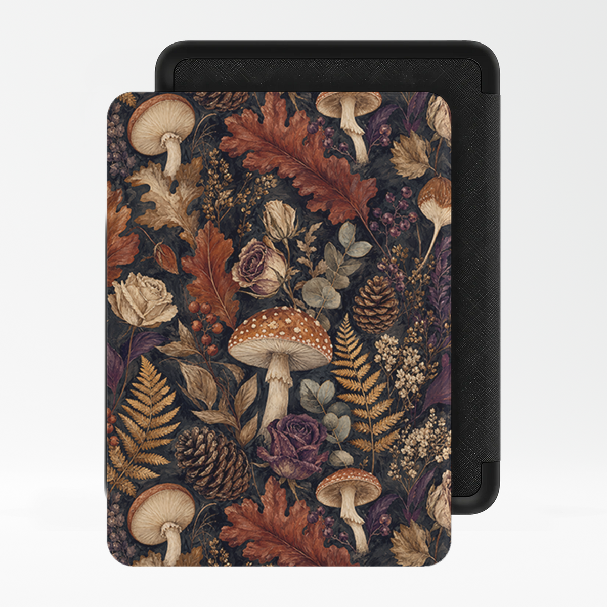 Patterned Kindle folio case with autumn mushrooms and woodland botanical design from Case & Charm