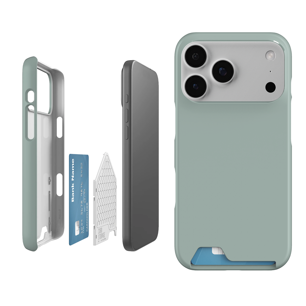 Card-Holder phone case shown in an exploded view, highlighting the built-in rear card slot, single-card storage and slim protective case design.