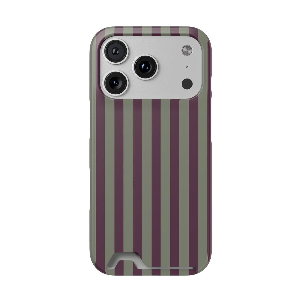 Mulberry Ticking Card-Holder phone case with fine sage green and berry-plum vertical ticking stripes.