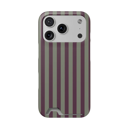 Mulberry Ticking Card-Holder phone case with fine sage green and berry-plum vertical ticking stripes.